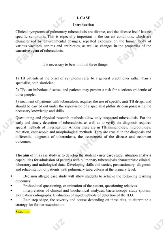 under the supervision of a specialist phthisiatrician possessing the necessary knowledge and skills. questioning and physical research methods allow only suspected tuberculosis. for the early and timely detection of tuberculosis, as well as to verify the diagnosis requires special methods of investigation. among these are in tb immunology, microbiology, radiation, endoscopic and morphological methods. they are crucial in the diagnosis and differential diagnosis of tuberculosis, the assessment of the disease and treatment outcomes. the aim of this case study is to develop the student - user case study, situation analysis capabilities for admission of patients with pulmonary tuberculosis characteristic clinical, laboratory and radiological data. developing skills and tactics, poststationary diagnosis and rehabilitation of patients with pulmonary tuberculosis at the primary level. · decision alleged case study will allow students to achieve the following learning outcomes: · professional questioning, examination of the patient, questioning relatives. · interpretation of clinical and biochemical …