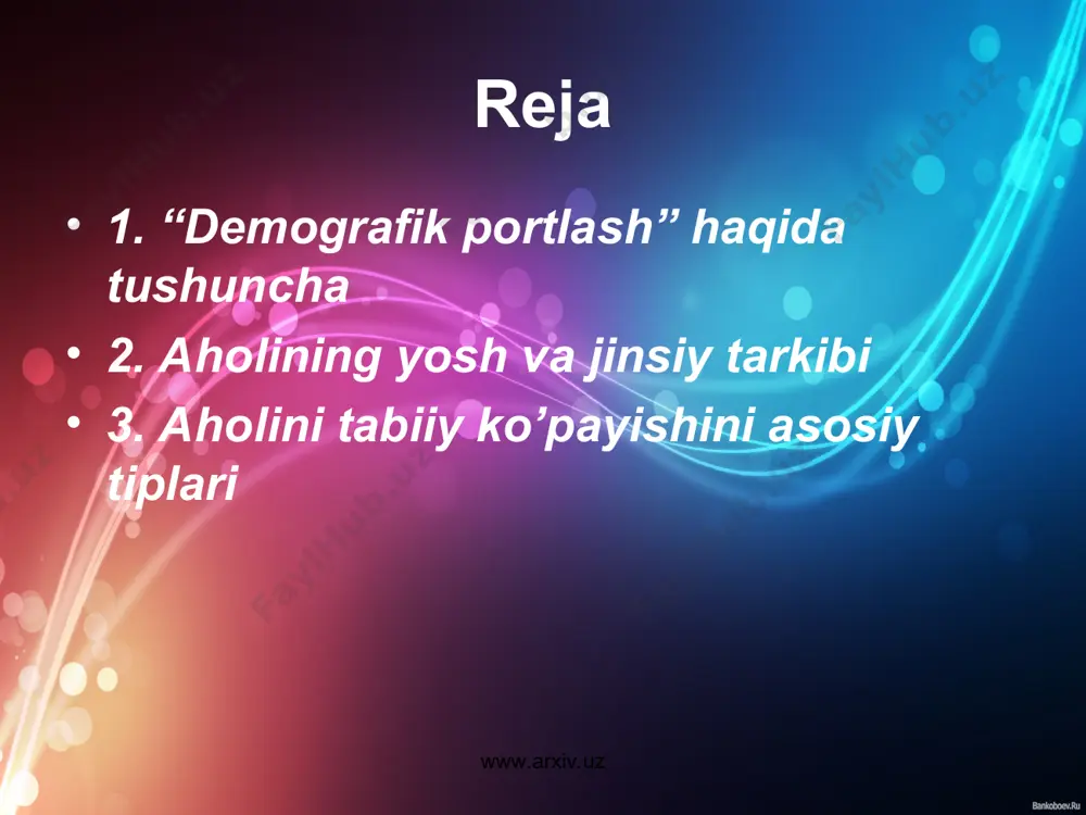 lib, dunyo aholisining o’sish dinamikasi ko’plab va xilma xil faktorlar ta’sirida bo’ladi. dunyo aholisining o’sishi va bu o’sishning suroatlari yuqorida aytilganidek davom etsa, 21-asr o’rtalarga boranda, dunyo aholisi 9 mlrd kishiga, 21-asr oxirlarida esa 11-12 mlrd kishiga yetadi. umuman dunyo axolisining o’sish suroatlari kelajakda pasayib boradi. be tendentsiya hoziroq sezila boshladi, maolum bir davrga kelib esa, planetamiz axolisining soni stabillashadi. www.arxiv.uz www.arxiv.uz aholining yoshi va jinsiy tarkibini o’rganish muhim ilmiy hamda amaliy ahamiyatga ega. butun mamlakat va uning ayrim rayonlari aholisining yoshi va jinsiy tarkibini aniq bilish mehnat resurslarining sonini hisoblab chiqishga, uning hozirgi soninigina emas, balki kelajakda qanday o’sishni ham aniq bilib olishga, sh shuningdek maktabgacha tarbiya muassasalariga, maktabning birinchi sinfiga boradigan bolalar sonini bilish, shunga ko’ra tegishli planlashtirish ishlarini oldindan olib borishga imkon beradi. www.arxiv.uz www.arxiv.uz aholining jinsiy tarkibiga kelganda shuni aytish kerakki, umuman yer shari bo’yicha yangi tug'ilgan chaqaloqlar orasida o’g'il bolalarning soni qiz bolalarga nisbatan bir …