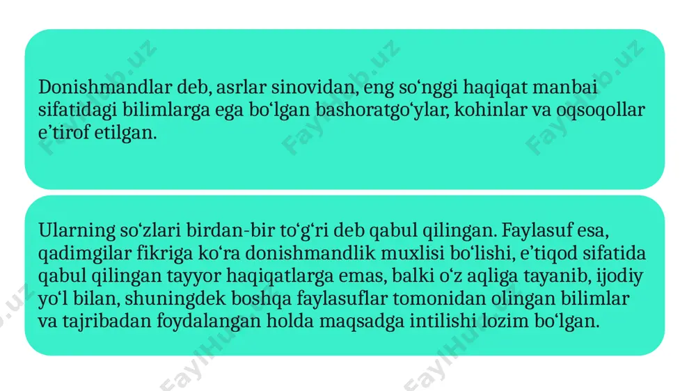 ’riflash qobiliyatini kasb etadi, balki tayyor bilimdan yangi bilim olish uchun foydalana boshlaydi. insonning bunday faoliyatini, uning ijodiy faolligini tavsiflovchi aql odamzot va jamiyat evolyusiyasini jadallashtirishning qudratli omiliga aylanadi hamda pirovardda insonni hayvondan ajratish imkonini beruvchi asosiy belgi sifatida amal qiladi. aql paydo bo‘lishi bilan inson o‘zini fikrlovchi mavjudot sifatida anglay boshlaydi, unda o‘z «meni» va o‘zgalar haqida tasavvuri shakllanadi va rivojlanadi. shu tariqa u o‘zini va o‘zini qurshagan borliqni anglaydi, o‘zi va boshqa odamlarni, o‘zi va tashqi muhitni farqlaydi, ilgari o‘ziga ma’lum bo‘lmagan dunyoning yangi va yangi jihatlarini idrok etadi. bunday qarashlar insonning o‘zi va o‘zini qurshagan borliq haqidagi tasavvurlari majmui sifatida shakllanadigan dunyoqarash negizini tashkil etadi. bunda inson o‘ziga ma’qul va noma’qul narsalarni farqlaydi, baholar beradi, ustuvorliklar tizimini yaratadi va muayyan maqsadlarga erishishda tegishli tarzda ish ko‘radi. dunyoqarashning bilish funksiyasi insonda qiziqish uyg‘otuvchi barcha savollarni, shuningdek muayyan yo‘l bilan topuvchi javoblarni o‘z ichiga oladi. bilish odamlar dunyoqarashini boyitadi …