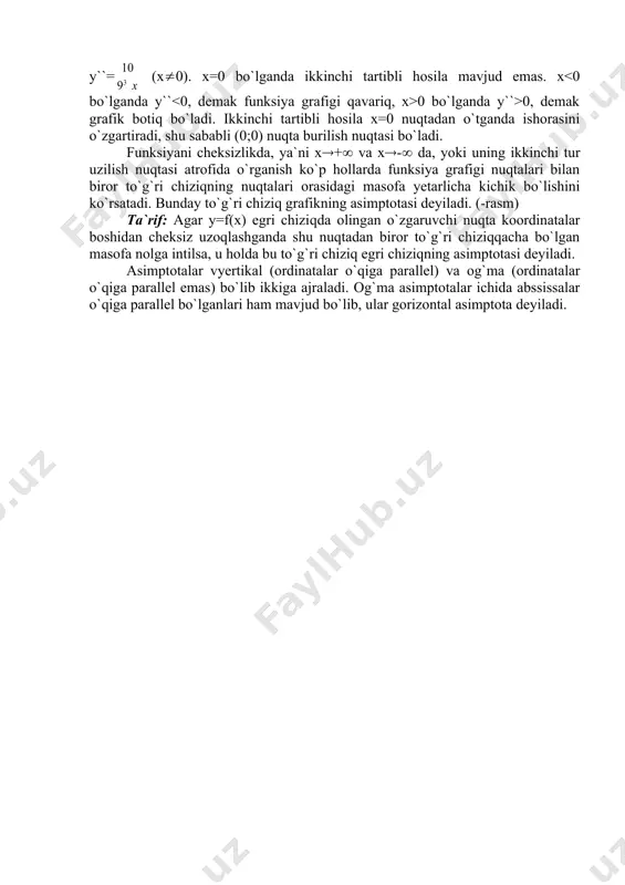 fa x(+( yoki x(-( da nolga intilishini ko`rsatamiz. 39-rasm faraz qilaylik, m va n abssissasi x ga teng bo`lgan egri chiziqdagi va asimptotadagi nuqtalar, (40-rasm) mp esa m nuqtadan asimptotagacha bo`lgan masofa, ( ((((/2) asimptotaning ox o`qining musbat yo`nalishi bilan hosil qilgan burchagi bo`lsin. u holda (mnp uchburchakdan mp=mncos(, bundan esa mn=mp/cos( tenglikkaegabo`lamiz. bu tenglikdan, agar mp nolga intilsa, u holda mn ham nolga intilishi, va aksincha, agar mn nolga intilsa, u holda mp nolga intilishi kelib chiqadi. shunday qilib, agar x(+( yoki x( -( da 40-rasm f(x)-kx-b ayirma nolga intilsa, u holda y=kx+b to`g`ri chiziq y=f(x) funksiya grafigining asimptotasi bo`lar ekan. bundan (f(x)-kx-b)=0 shart y=kx+b to`g`ri chiziqning y=f(x) funksiya grafigining og`ma asimptotasi bo`lishi uchun zaruriy va yetarli shart ekanligi kelib chiqadi. xususan, y=b gorizontal asimptota bo`lishi uchun (f(x)-b)=0, ya`ni f(x)=b shartning bajarilishi zarur va yetarli. amalda og`ma asimptotalarni topish uchun quyidagi teoremadan foydalaniladi. teorema. y=f(x) funksiya grafigi y=kx+b og`ma …