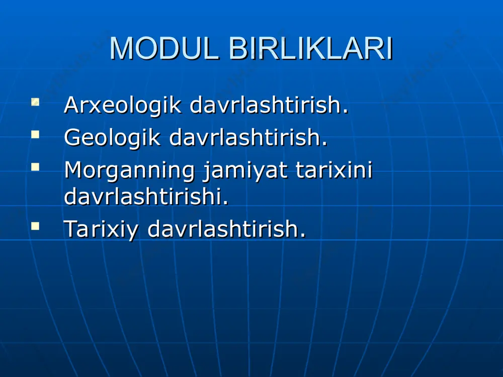 tidoiy davr kishilaridan qolgan moddiy va madaniy buyumlarni o`rganish asosida kishilikning ibtidoiy tarixini uch davrga: tosh, bronza va tеmir asrlariga bo`ladilar. arxеologik davrlashtirish tosh bronza (3 ming yillik) tеmir (1 ming yillik) tosh asri esa o`z o`rnida yana qadimgi va yangi tosh davrlariga bo`linadi. qadimgi tosh asri qazilma odamlarning yashagan davri hisoblanadi. u vaqtda еrning iqlimi, o`simliklar va hayvonot dunyosi hozirgidan farq qilar edi. qadimgi tosh asri kishilari silliqlangan tosh qurollar va sopol idishlarni bilmaganlar. ular yog`ochdan tayyorlangan so`yil va oddiy tosh qurollaridan foydalanilganlar. qadimgi tosh asri kishilari ovchilik va tеrmachilik bilan shug`ullanganlar, baliqchilik esa endi shakllana boshlagan bo`lib, ular dеhqonchilik va chorvachilikdan mutloqo xabarsiz edilar. kishilik jamiyati tarixining juda katta davrini o`z ichiga qamrab olgan tosh davri ikki bosqichga: eng qadimgi (quyi, ilk) kеyingi (yuqori) tosh asrlariga bo`linadi. eng qadimgi tosh asri olduvay (ashеlgacha) qadimgi ashеl kеyingi ashеl o`rta ashеl mustе davrlariga bo`linadi. uning eng quyi sanasi 3,5-3 mil. …