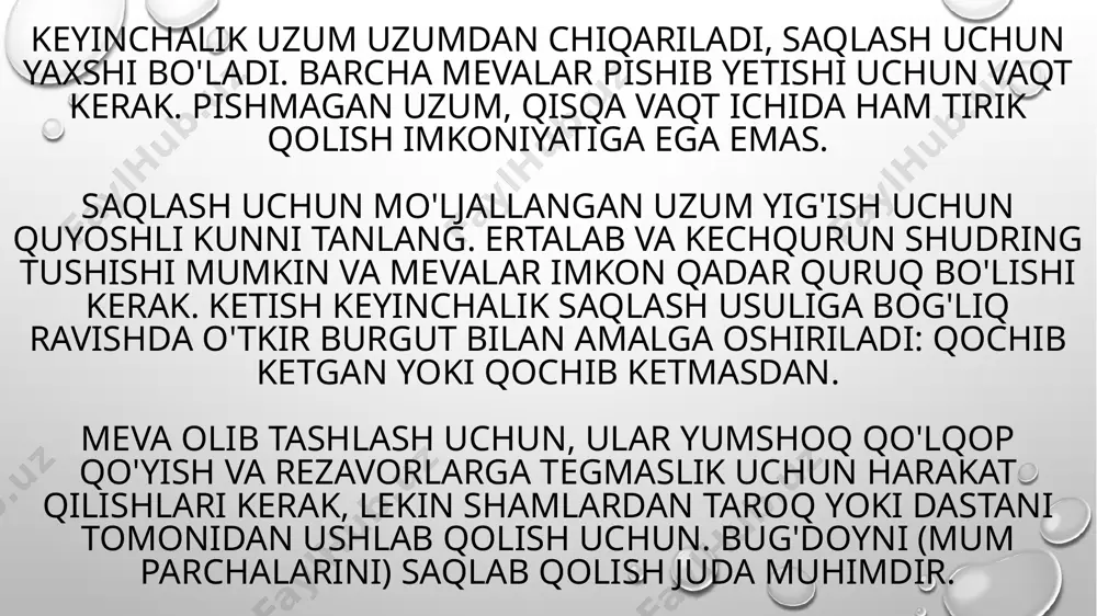 ti bilan ekin zararni va rotani tekshirish uchun tekshiriladi. uzoq muddatli saqlash uchun mo'ljallangan uzumlar. bandsiz uzum, shuningdek, uzilib qolgan, tezda yomonlashadi. eng muhimi, reza tarkibidagi shakar miqdori - bu qanchalik baland bo'lsa, sifati yaxshiroq bo'ladi. quyidagi navlar qishni saqlash uchun maqbul darajada mos keladi: moldova muscat gamburg va iskandariya moldaviya qora negrul xotirasida senso tayfi pushti alden lidiya ular qo'ziqorin infektsiyalariga zaif ta'sir ko'rsatadi, 4-6 oy davomida lazzat va xushbo'ylikni saqlaydi, uzoq vaqt davomida original ranglarini yo'qotmaydi. e’tiboriningiz uchun raxmat!!! image3.png image4.png image5.png image6.png image1.png