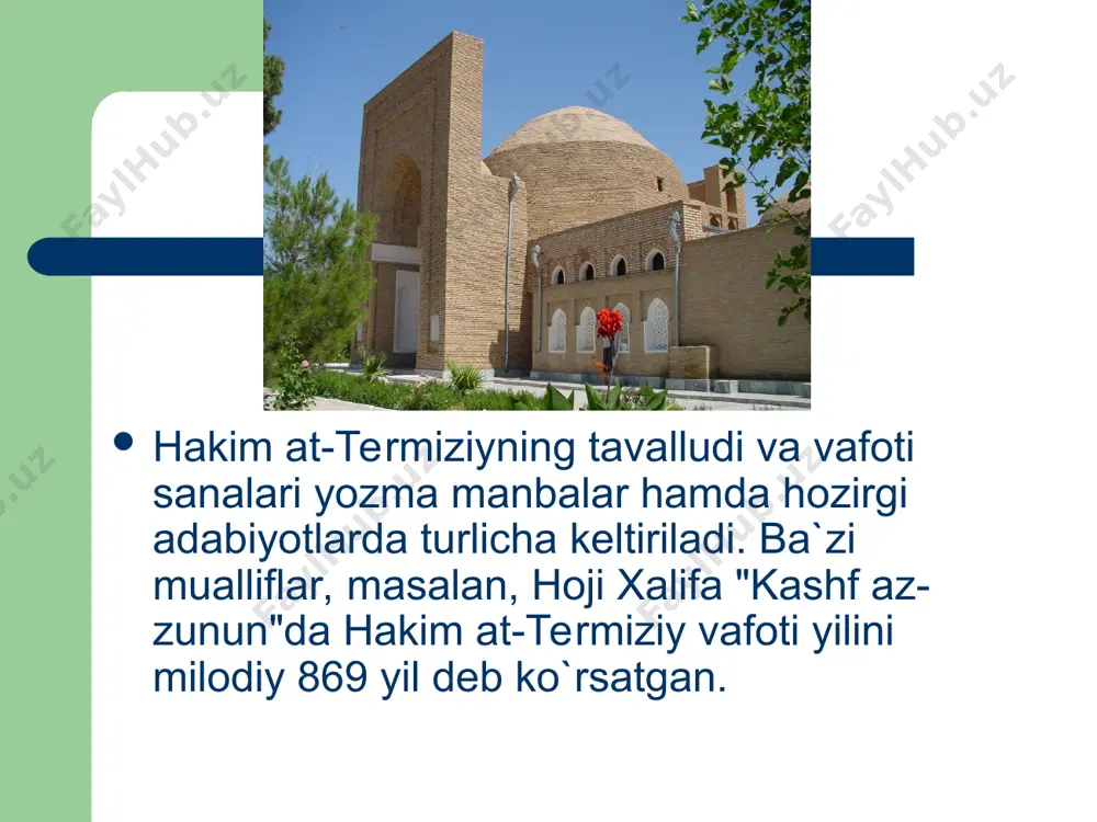ilan mashg`ul bo`lgan. u kalomullohni, uning mohiyatini chuqur o`rganish, ro`za tutish, ibodat qilish, taqvo va hokazolar bilan shug`ullangan. al-antokiyning "qalb muolajasi" falsafiy-tasavvufiy asari unga ayniqsa qattiq ta`sir ko`rsatgan. hakim at-termiziyning shogirdlari ham ko`p bo`lgan. bular: abu muhammad yahyo ibn mansur al-qoziy (vafoti 960 yil), abu ali mansur ibn abdulloh ibn xolid az-zuhliy al-hiraviy, abu ali al-hasan ibn ali al-jurjoniy, ahmad ibn muhammad ibn iso, abu bakr muhammad ibn umar al-hakim al-varroq, muhammad ibn ja`far ibn muhammad ibn al-xaysam ibn umron ibn burayda va boshqalardir. hakim at-termiziyning ilmiy-ijodiy faoliyati uning boshqa mamlakatlar va shaharlarga sayohati bilan chambarchas bog`liq. u balxda, nishopurda bo`lgan, fan va madaniyat yuksak rivojlangan bag`dodga borgan. bu shaharlarda u mashxur olimlar bilan uchrashgan, ilmiy munozaralarda qatnashgan. shunday bo`lsa-da, hakim at-termiziyning ilmiy-ijodiy hayotida uning ona shahri — termiz juda muhim rol o`ynagan, o`zining asosiy asarlarini alloma shu yerda yaratgan. uning mav`izayu xutbalari, shuningdek ayrim asarlari va, eng avvalo mu-sulmonlik …