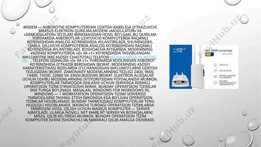 b, internetning qismi sifatida ishlatila boshlandi. xozirda u milnet – military net (xarbiy tarmoq), csnet – (computer science network) (kompyuter ilmi tarmog‘i), nsfnet – (national science fondation network) (milliy fan fondi tarmog‘i) tarmoqlar sifatida internetda ishlatiladi. bitnet (1981) – because it’s time network (bugungi kun tarmog‘i) kt nьyu-york va yel universitetlari tomonidan ishlab chiqilgan evropa, aqsh qit’asi, meksika va boshqa mamlakatlarni birlashtiruvchi tarmoq bo‘lib, u alohida ajratilgan kanallar bilan aloqa bog‘laydi. u osi – (open system interconnection – ochiq xalqaro bog‘lanish tizimi) va tcp/ip qaydnomalariga mos tushmaydi. uning bir xususiyati – uzatilgan ma’lumotlar uchun haq to‘lanmaydi. hukumat tomonidan mablag‘ bilan ta’minlanadi. uning ko‘rsatadigan xizmat doirasi fayllarni uzatish, elektron pochta va masalalarning uzoqdan turib ishlashini ta’minlashdan iborat. csnet (1981) (computer science network – kompyuter va fan tarmog‘i) a’zolik badallari va xizmat uchun to‘lovlar hisobidan ishlaydi. u butun dunyo olimlarini birlashtiruvchi tarmoq bo‘lib, internet tarkibiga kiradi va tcp/ip qaydnomaii asosida ishlaydi. internet …