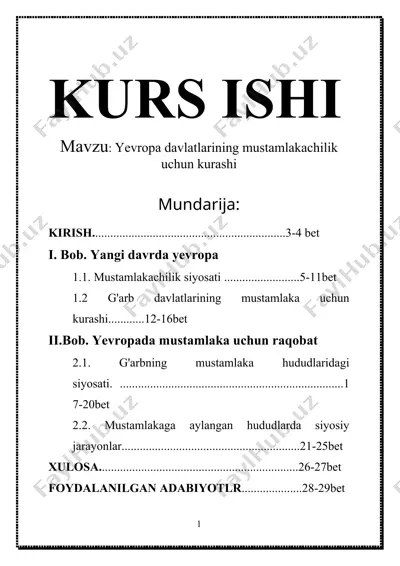 jahon tarixi kurs ishi: yevropa davlatlarining mustamlakachilik uchun kurashi — DOCX