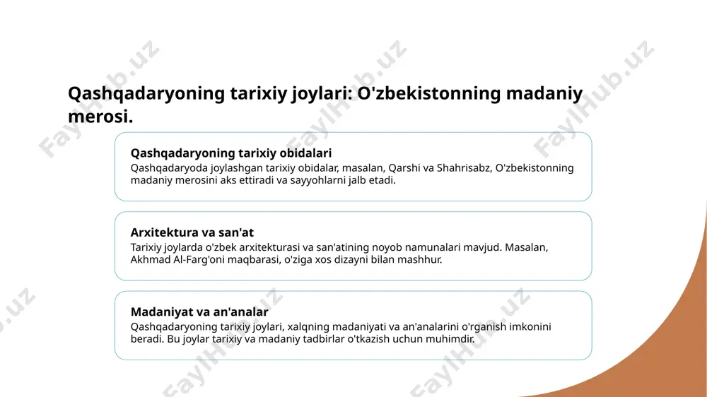 atdan yuqori darajada rivojlangan. 4 mahalliy festivallar - an'anaviy san'at va hunarlarni targ'ib qilish maqsadida qashqadaryoda har yili o'ziga xos festivallar o'tkazilib, sayyohlar va mahalliy aholi birgalikda ishtirok etadi. o'zbek xalqining madaniy merosi: qashqadaryo misolida. qashqadaryo o'zbek xalqining boy madaniy merosi bilan tanishish imkoniyatini taqdim etadi. bu mintaqa qadimiy arxitektura, an'anaviy hunarmandchilik va folklor bilan ajralib turadi. misol uchun, shahrisabz va qarshi shaharlaridagi tarixiy obidalar, xalqning madaniyati va tarixini yoritadi. photo by farrukh abdujabborov on unsplash qashqadaryoning folklor merosi va uning sayohatchilarga ta'siri. 1 folklor va madaniyat qashqadaryo folklori, uning boy madaniyati bilan birga, xalqning an'analari, urf-odatlari va hikoyalari orqali sayyohlar uchun qiziqarli tajribalar taqdim etadi. 2 folklor tadbirlari qashqadaryoda folklor tadbirlari, masalan, xalq qo'shiqlari va raqslar, sayyohlar bilan muloqotda bo'lib, ularga mahalliy madaniyatni tanishtiradi. 3 sayyohlar uchun ta'sir qashqadaryo folklor merosi sayyohlarning madaniy tajribasini boyitadi, bu esa ularni mahalliy xalq bilan yaqinlashtiradi va o'zaro anglashuvni kuchaytiradi. madaniy tadbirlar va …