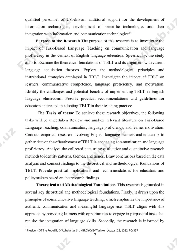 ion. specifically, the study aims to examine the theoretical foundations of tblt and its alignment with current language acquisition theories. explore the methodological principles and instructional strategies employed in tblt. investigate the impact of tblt on learners' communicative competence, language proficiency, and motivation. identify the challenges and potential benefits of implementing tblt in english language classrooms. provide practical recommendations and guidelines for educators interested in adopting tblt in their teaching practice. the tasks of theme to achieve these research objectives, the following tasks will be undertaken review and analyze relevant literature on task-based language teaching, communication, language proficiency, and learner motivation. conduct empirical research involving english language learners and educators to gather data on the effectiveness of tblt in enhancing communication and language proficiency. analyze the collected data using qualitative and quantitative research methods to identify patterns, themes, and trends. draw conclusions based on the data analysis and connect findings …