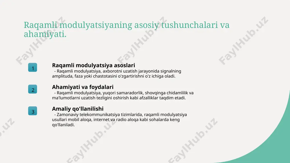 larida samaradorlikni oshiradi. amplitude shift keying (ask) usulining asosiy tamoyillari. 01 amplituda o'zgarishi amplitude shift keying (ask) usuli, signalning amplitudasini o'zgartirib, ma'lumotlarni uzatish uchun ishlatiladi. bu usul raqamli ma'lumotlarni samarali uzatadi. 02 tizim asoslari ask usuli ikkita asosiy holatga ega: yuqori va past amplitudalar, bu orqali 0 va 1 raqamlarini ifodalaydi. har bir amplituda ma'lumotni belgilaydi. 03 afzalliklari ask usuli oddiyligi va oson amalga oshirilishi bilan ajralib turadi. u past narxlardagi modulyatsiya tizimlarini yaratish imkonini beradi, shuningdek, kuchli shovqinni yengishga qodir. 04 kamchiliklari ask usulining eng katta kamchiligi shundaki, u shovqin ta'siriga juda sezgir. bu, shovqinli muhitda ishonchli uzatishni murakkablashtiradi. ask: raqamli modulyatsiyaning tarixi va rivojlanishi. 1 askning kelib chiqishi amplitude shift keying (ask) 1960-yillarda paydo bo'lib, raqamli signallarni uzatishda foydalanilgan birinchi modulyatsiya usullaridan biridir. 2 rivojlanish jarayoni 1970-yillarga kelib, ask texnologiyasi orqali ma'lumot uzatish tezligi oshdi va uning qo'llanilishi telekommunikatsiya sohasida kengaydi. 3 zamonaviy qo'llanilishi hozirgi kunda ask ko'plab …