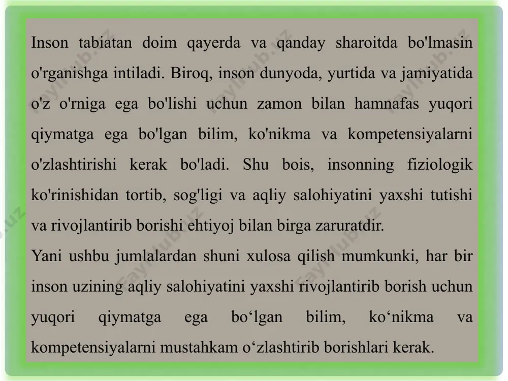 n, agregat holatining o'zgarishi, issiqlik tirik sistemalarda bilimlar: hujayralar (masalan, tuzilishi va funksiyasi, dnk,o'simlik va hayvon hujayralari); organizmlarning tuzilishi (masalan, bir va ko'p hujayralilar); odamlar (masalan, salomatlik, oziq-ovqat; ovqat hazm qilish, nafas olish, qon aylanishi, ayirish, ko'payish kabi organlar sistemasi va ular o'rtasidagi bog'liqlik); populatsiyalar (masalan, turlar, evolutsiya, bioxilma-xillik, genetik o'zgarishlar); ekosistemalar (masalan, oziq zanjiri, modda va energiya almashinuvi); biosfera (masalan, ekosistemalarning faoliyati,barqarorlik) yer va fazoda bilimlar: yer qatlamlarining tuzilishi (masalan, litosfera, atmosfera, gidrosfera); energiya (masalan, resurslar, global iqlim); yerdagi o'zgarishlar (masalan, tektonik qatlamlarning siljishi, geokimyoviy sikllar, konstruktiv va destruktiv kuchlar); yer tarixi (masalan,qazilma boyliklar, paydo bo'lishi va evolyutsiyasi); yerning koinotda joylashishi {masalan, tortishish kuchi, quyosh sistemasi, galaktikalar); topshiriq tovuq tuxumi yoki xantal kabi oltingugurt miqdori yuqori bo‘lgan taomlarni iste’mol qilsangiz, nega kumushdan yasalgan idishdan foydalanish maqsadga muvofiq emas? o’yin « krestik va nolik». o’yin sharti:kim birinchi suv bilan ta’sirlashuvchi(reaksiyaga kirishuvchi ) oksidlarni aniqlab chiziq tortsa o’sha o’quvchi golib bo‘ladi …