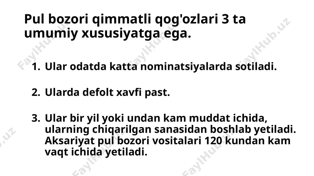 sotib olishni va'da qilib, qimmatli qog'ozlarni bankka sotishi mumkin. bu repo-ni asosan qisqa muddatli garovga qo'yilgan kreditga aylantiradi. qimmatli qog'ozlar dilerlari o'zlarining likvidligini boshqarish va foiz stavkalarida kutilayotgan o'zgarishlardan foydalanish uchun repodan foydalanadilar. tijorat qog'ozi tijorat qog'ozli qimmatli qog'ozlar - bu 270 kundan ko'p bo'lmagan muddatda yuridik shaxslar tomonidan chiqarilgan, ta'minlanmagan veksellar. bu qimmatli qog'ozlar kafolatlanmaganligi sababli, faqat yirik va kreditga layoqatli korporatsiyalar tijorat qog'ozlarini chiqaradi. korporatsiyaning foiz stavkasi firmaning tavakkalchilik darajasini aks ettiradi. shartlar va emissiya tijorat qog'ozining asl muddati har doim 270 kundan kam. bu qimmatli qog'ozlar va birja komissiyasida qimmatli qog'ozlar masalasini ro'yxatdan o'tkazish zaruratining oldini olish uchun. aksariyat tijorat qog'ozlari aslida 20 dan 45 kungacha pishib etiladi. to'lov qog'ozlari kabi, aksariyat tijorat qog'ozlari chegirma asosida chiqariladi. tijorat qog'ozining qariyb 60% to'g'ridan -to'g'ri emitent tomonidan xaridorga sotiladi. balans tijorat qog'oz bozorida dilerlar tomonidan sotiladi. tijorat qog'ozlari uchun kuchli ikkilamchi bozor mavjud emas. agar xaridor naqd pulga muhtoj …