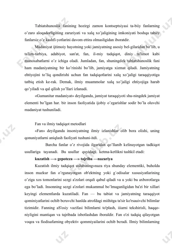 botlashdan iboraldir. fan o'zi tadqiq qilayotgan voqea va fiodisafarning obyektiv qommiyailarini ochib bcradi. iimiy bilimlarning asosiy xususiyali uning tizinjii bo'lishi, ya'ni bir bilimning ikkinchisi orqali manliqiy isbollanishidir. ma'nosi bo'yicha iliniy bjliinlar haqiqatga iniilishligi, umumiy hodisalarni, butun olamni ladqiq etisbga garatjlganligi bilan belgilanadi. o'zmahsadiga yelish ucliun bar bir fan nazariyjihatdan tizimlashgan bilimlar yig'indisi sifalida tadqiqot jarayonida xilma-xil ilmiy usuliardan foydalaiicidi. fanning asosiymahsadi shundan iboratki, iiaqiqatni yangli-shislidan, obyektiv bilimni subyektiv ilkrdaii, aniqlikni mavhumlikdan ajralislidir. bumahsadga erishish flkrlash mantiqini va ramzlar kiritishni, aniq asboblar va tajriba qurilmalari yaratishni lahozo etadi. fanning asosiy funksiyasi obyektiv haqiqatni aniqlashdir. shnnmg lichun fan insonning amaliy faoliyati uchun zaruratdir. haqiqat haqiqiy va real borliqni kishi ongida to'g'ri aks ettiruvcrii' ishonchli bilim. u subyektiv va obyektiv bo'ladi,. haqiqatning obyektivligi darajasi va chegarasi rautlaqva nisbiy haqiqat inshnnchasi orqali ifodalanadi. mutlaq haqiqat lining obyektivligi bilan to'liq mos keladi. mutlaq haqiqat voqelikiiing aniq, to'liq in'ikosidir. u abadiy haqiqatdir. mutlaq haqiqatga alohida dalillargina …