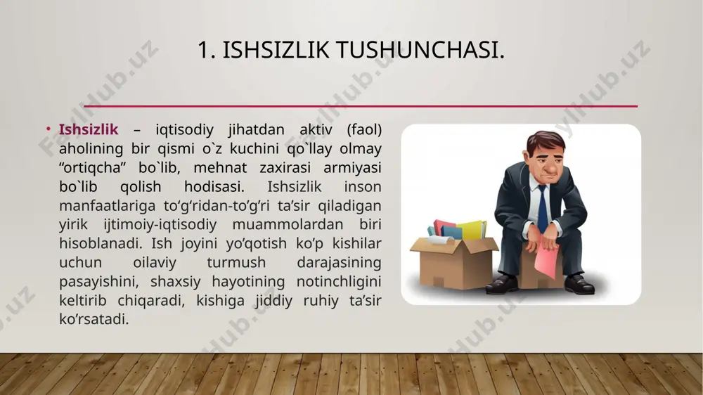 i sabab ortadigan talab narxlarni ko’tarishi, ishsizlik tufayli daromadi kamaygan aholi yalpi talabi tushushi va bu narxlarni ham pastga olib tushishi bilan izohlanadi. mehnatga layoqatli bo’lib, ishlashni xohlagan, lekin ish bilan ta’minlanmaganlar ishsizlar deyiladi. ishsizlikning sabablari namoyon bo’lish xususiyati va vujudga kelish sabablariga ko’ra ishsizlikni uyidagi turlari mavjud: 1) friktsion; 2) tarkibiy; 3) tsiklik; 4) institutsional; 5) texnologik; 6) regional; 7) yashirin; 8) turg’un ishsizlikdir. hududiy ishsizlik muayyan hududagi tarkibiy, demografik, madaniy, milliy va ijtimoiy – ruhiy xususiyatdagi bir ator kompleks omillar ta‘siri ostida ishchi kchi talabi va taklifi o’rtasidagi nomutanosiblik natijasi hisoblanadi. siklik ishsizlik – iqtisodiy stiklning inqiroz fazasi bilan bog`liq bo’lib, u ishlab chiqarishning pasayishi va yalpi talabning qisqarishi natijasida vujudga keladi. o’z tovar va xizmatlariga nisbatan talabning qisqarishiga duch kelgan tadbirkorlar ishlab chiqarish hajmini kamaytirish maqsadida ishchilarni ishdan bo’shata boshlaydilar. shu tariqa iqtisodiyotda stiklik ishsizlik deb nomlanuvchi ishsizlar guruhi paydo bo’ladi.stiklik ishsizlik haqiqiy darajadagi ishsizlikning tabiiy darajadan …