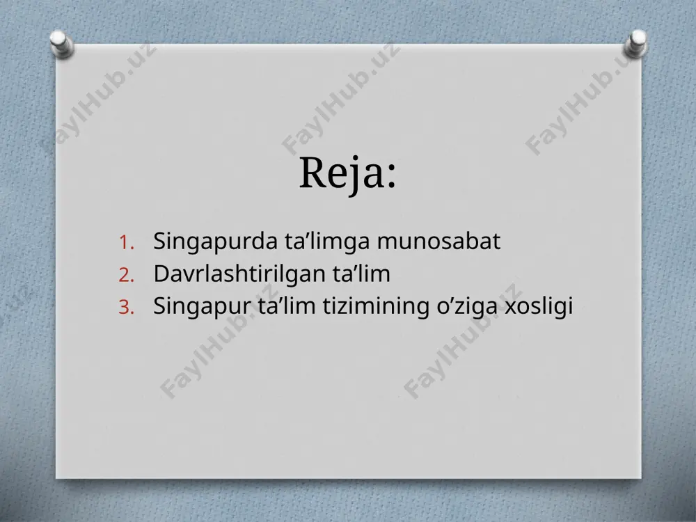 llik ixtisoslashtirilgan tayyorlov (5–6-sinf)ni o‘z ichiga oladi maktabgacha boshlang’ich o’rta maktab kasbiy ta’lim birinchi bosqich 6-7 ikkinchi bosqich 7-8 uchinchi bosqich 8-9 toʻrtinchi bosqich 9-10 beshinchi bosqich 10-11 oltinchi bosqich 11-12 birinchi bosqich 12-13 ikkinchi bosqich 13-14 uchinchi bosqich 14-15 toʻrtinchi bosqich 15-16 beshinchi bosqich 16-17 kollej yoki universitet yoshi farqlanadi bolalar bogʻchasi 4-6 boshlangʻich taʼlim boshlangʻich taʼlim toʻrt yillik fundamental oʻquv bosqichi va ikki yillik ixtisoslashtirilgan taʼlim bosqichidan iborat. boshlangʻich taʼlim majburiy va bepul, ammo, har xil maktab xarajatlarini qoplash uchun oyiga 13 singapur dollari miqdorida kichik toʻlov mavjud. tayanch bosqichida o’quvchilar ingliz tilini, ona tilini (xitoy, malay yoki tamil) hamda matematikani oʻrganadilar[4]. bundan tashqari, maktab oʻquv dasturi axloq, badiiy ish, musiqa va jismoniy tarbiyani oʻz ichiga oladi. fundamental tayyorlov bosqichida o'quvchilarga ingliz tili,ona tili va matematika fanlari o'qitiladi.o'quvchilarning tanloviga ko'ra etika,estetika,mehnat va jismoniy tarbiya kabi fanlar o'tiladi.o'qish so'ngida bitiruv imtihonini topshiradi va ta'limning keyingi bosqichiga o'tish uchun psle …
