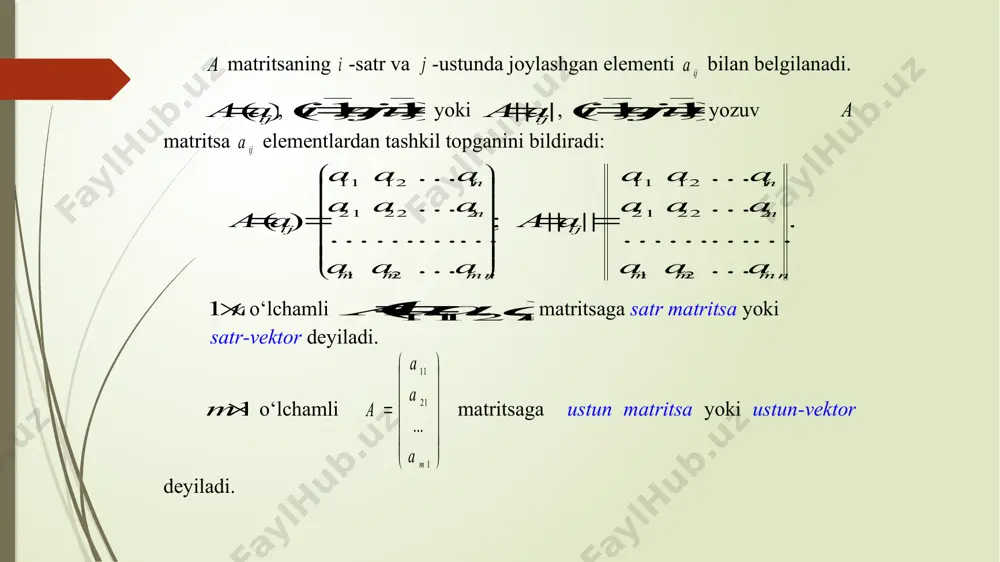 tritsalar bilan bir xil o ‘lchamga ega bo‘ladi. 2-ta’rif. )( ij aa va )( ij bb matritsalarning yig‘in disi deb, elementlari ijijij bac  kabi aniqlanadigan bac  matritsaga aytiladi. 1.2-misol.           103 411 a va           201 232 b bo‘lsin. ba ni toping. yechish. ba . 104 623 )2(10013 243121 201 232 103 411                                         aa  )1( matritsa a matritsaga qarama-qarshi matritsa deb ataladi. . ijijij bacbac  3-ta’rif. )( ij aa va )( ij bb matritsalarning ayirmasi deb )(babac  matritsaga aytiladi. bunda c matritsaning elementlari ijijijijij babac  )( …