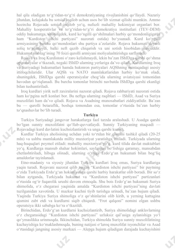 tining yarmi — professional harbiylar hamda saddam razvedkasining zobitlari. ishidning siyosat sahnasiga chiqishi mintaqadagi hech bir aktorni qoniqtirmaydi, shu bois barcha unga qarshi kurashadi: iroqning shia hukumati (iroqda shialar aholining 65 foizini tashkil etadi va shialar namoyandalari hokimiyat tepasidadir), suriyaning shia hukumati, suriyaning sunniy isyonchilari. gap shundaki, ishid o‘zini “xilofat” — musulmonlarning muqaddas davlati sifatida ko‘rsatadi, unga esa, guruh ideologiyasiga ko‘ra, sayyoradagi barcha musulmonlar bo‘ysunishi shart. suriya va iroqning ishid nazorati ostidagi hududlarda 5-7 mln kishi yashaydi, u yerda, shuningdek, neft konlari hamda turli sanoat va savdo korxonalari bo‘lib, ular xilofatchilarga soliq to‘laydi. ammo ishid daromadining 44 foizi “kofirlar”, boshqa oqimlar vakillari hamda tuzum muxoliflarining mol-mulkini egallab olish hisobiga tushadi. ishid barcha shialarni jismonan yo‘q qilish borasida bayonotlar beradi, uning fikricha, “agar ular bizning dinimizga o‘tmasa, ularning barchasini o‘ldirish kerak”. mintaqada 150 mlndan ortiq shia istiqomat qiladi. shu tariqa, ishidning xatti-harakatlari mintaqa aholisining kattagina qismiga to‘g‘ridan-to‘g‘ri jismonan yo‘q bo‘lish tahdidini …