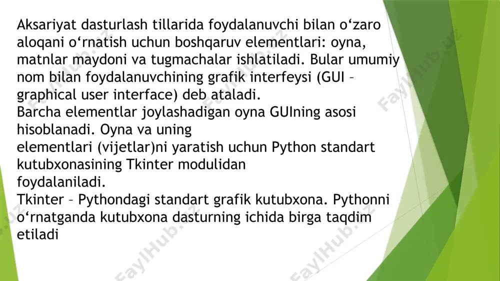 li xil boshqaruv elementlarini taqdim etadi. ushbu boshqaruv elementlari odatda vidjetlar deb nomlanadi. interfeys— texnik va programmalash vositalari majmui; hisoblash, boshqarish yoki oʻlchash tizimlari (ehm ning opera-tiv va tashqi xotira qurilmasi)dagi turli funksional qurilmalarning oʻzaro taʼsirini taʼminlaydi. u uzatilayotgan axborotlarni kodlash va sinxronligiga nisbatan belgilangan qoida hamda kelishuvga muvofiq tayyor modullardan sistemani, qurilmalarning mexanik va elektr birikmalarini sig-nad koʻrinishida (axborotlar va boshqa shaklida) toʻplashga imkon beradi. kompyuter ishlashi uchun apparatli ta’minotdan tashqari dasturiy ta’minot ham muhim ahamiyatga egadir. kompyuter tizimini tashkil etuvchi bu ikki vositaning oʻzaro aloqasi interfeys deyiladi. interfeys bir necha turga boʻlinadi, ya’ni: apparatli interfeys; dasturiy interfeys; apparatli-dasturiy interfeys. apparatli interfeysni kompyuter qurilmalarini ishlab chiqaruvchilar ta’minlaydi. dasturiy ta’minot bilan apparatli ta’minot oʻrtasidagi mutanosiblikni operatsion sistema boshqaradi kompyuterli tizim samarali ishlashi uchun apparatli va dasturiy ta’minotdan tashqari foydalanuvchi qatnashadi. kompyuterda ishlashi jarayonida uning apparatli ta’minoti bilan ham, dasturiy ta’minoti bilan ham aloqada boʻladi. insonning dastur bilan va dasturning inson …