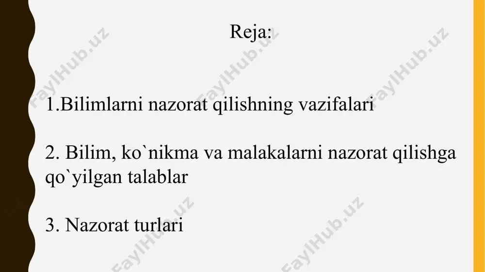 hadilar. o`qituvchi mustaqil ishlash uchun topshiriqlar tuzadi, ularni bajarish tartibini rejalashtiradi, vaqt-vaqti bilan topshiriqlarni murakkablik va muammolik darajasini o`zgartirib turadi, ish vaqtida o`quvchilarni kuzatib, zarur hollarda ularga yordam beradi. o`quvchilarning bilim, o`quv hamda malakalarini nazorat qilish o`z vaqtida va sistemali ravishda o`tkazilgandagina zarur o`quv va tarbiyaviy samara beradi. o`qituvchi har bir o`quvchining muvaffaqiyatlari qanday ekanligini hamma vaqt bilishi.kerak, shundagina u o`quvchilarning xatosini o`z vaq­tida aniqlashi va uni to`zatishi, tegishli yordam ko`rsatish mumkin bo`ladi o`quvchilarning o`qishdagi muvaffaqiyatlarini nazorat qilish ular uchun o`quv mehnatining motivlarini ko`p jihatdan belgilaydigan rag`batlantiruvchi faktor bo`ladi. o`qituvchi o`quvchilarning bilim, o`quv hamda malaka­larini .nazorat qilib, ularga baho qo`yadi. qo`yiladigan baho ob`ektiv va haqqoniy bo`lishi kerak. to`g`ri qo`yilgan baho o`quvchilarga o`z imkoniyatlarini baholashga va zarur kuchquvvatni real perspektivalarni amalga oshirishga qaratishga yordam beradi. bahoning tarbiyaviy roli ana shularda namoyon bo`ladi. o`quvchilarning bilim, ko`nikma hamda malakalarini tekshirish og`zaki, yozma va amaliy tarzda bo`lishi mumkin. yozma tekshirish va mustaqil ishlar bilimlarni …