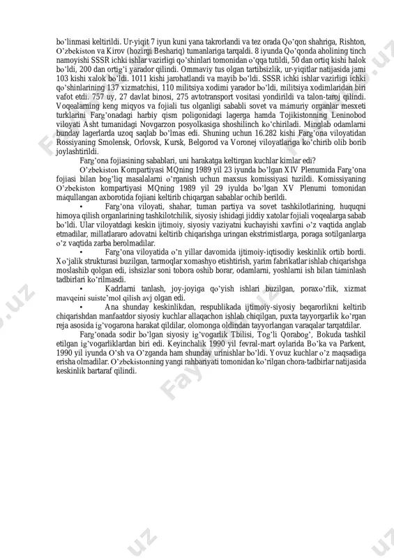 nfaatlarining buzilganligidan shikoyat qilib koridormakoridor, eshikma-eshik turtinib yurdilar. norozilik ayniqsa xotin-qizlar orasida ko’paydi. 1986-87 yillarda respublikada 270 ayol o’zini-o’zi yondirib yubordi. bu holat ularning sháni, qadr-qiymatining toptalashi, haq- huquqlarining buzilishiga nisbatan ko’rsatilgan norozilik edi. haqiqat, adolat keyinroq islov karimov o’zbekiston rahbari bo’lgach ro’yobga chiqdi. islom karimov tashabbusi bilan «paxta ishi»ni ko’rib chiqish uchun maxsus komissiya tuzildi. pirovardida 3,5 mingdan ko’proq kishi oqlandi, qolganlari avf etildi. ijtimoiy-siyosiy hayot xalqning juda boy tarixi va madaniyatini, o’lkaning o’ziga xos noyob xususiyatlarini bilmagan va bilishni istamagan kelgindilar mahalliy xalqning urf-odatlari, an’analarini oyoq-osti qildilar. xalqimizning boy madaniyati va mánaviy qadriyatlari kamsitildi. ona tilining qo’llanilishi yanada cheklab qo’yildi. hatto milliy libos kiyib yurish ham qoralandi. milliy an’analar bo’yicha to’y qilgan, qarindosh-urug’larini milliy, diniy qadriyatlar asosida dafn qilganlar tanqid ostiga olindi, shafqatsiz jazolandi. bunday vaziyat xalqni ranjitdi, hafsalasini pir qildi, siyosiy loqaydlikni kuchaytirdi. ko’plab olimlar, yozuvchilar va boshqa ijodiy xodimlar aziyat chekdi. ularning ko’pchiligi mahalliychilikda, milliy cheklanganlikda, …