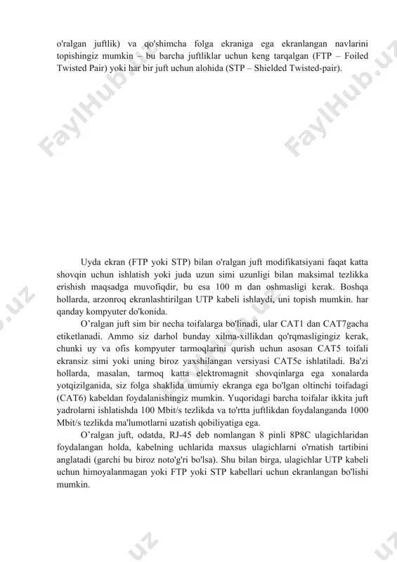 iz ulagichni kontaktlarni yuqoriga, mandalni siz tomonga qaratib ushlab tursangiz va kabel kirish joyi sizga qarasa, birinchi aloqa o'ng tomonda va sakkizinchi chap tomonda joylashgan bo'ladi. pin raqamlash ulanish jarayonida juda muhimdir, shuning uchun buni yodda tuting. ulagichlar ichidagi simlarni tarqatishning ikkita asosiy sxemasi mavjud: eia / tia-568a va eia / tia-568b. eia / tia-568a kontaktlarning zanglashidan foydalanganda birinchi sakkizinchi simlar quyidagi tartibda qo'yiladi: oq-yashil, yashil, oq-to'q sariq, ko'k, oq-ko'k, to'q sariq, oq-jigarrang va jigarrang. eia / tia-568v pallasida simlar quyidagicha: oq-to'q sariq, to'q sariq, oq-yashil, ko'k, oq-ko'k, yashil, oq-jigarrang va jigarrang. turli kombinatsiyalarda kompyuter qurilmalari va tarmoq uskunalari o'rtasida almashinishda ishlatiladigan tarmoq kabellarini ishlab chiqarish uchun ikkita asosiy simi variantlari ishlatiladi: tekis va o'zaro faoliyat (o'zaro faoliyat). birinchi, eng keng tarqalgan variantni ishlatib, kompyuterlar va boshqa mijoz qurilmalarining tarmoq interfeyslarini kalitlarga yoki marshrutizatorlarga ulash, shuningdek zamonaviy tarmoq uskunalarini bir-biriga ulash uchun foydalaniladigan kabellar tayyorlanadi. ikkinchidan, kamroq tarqalgan variant, o'zaro …