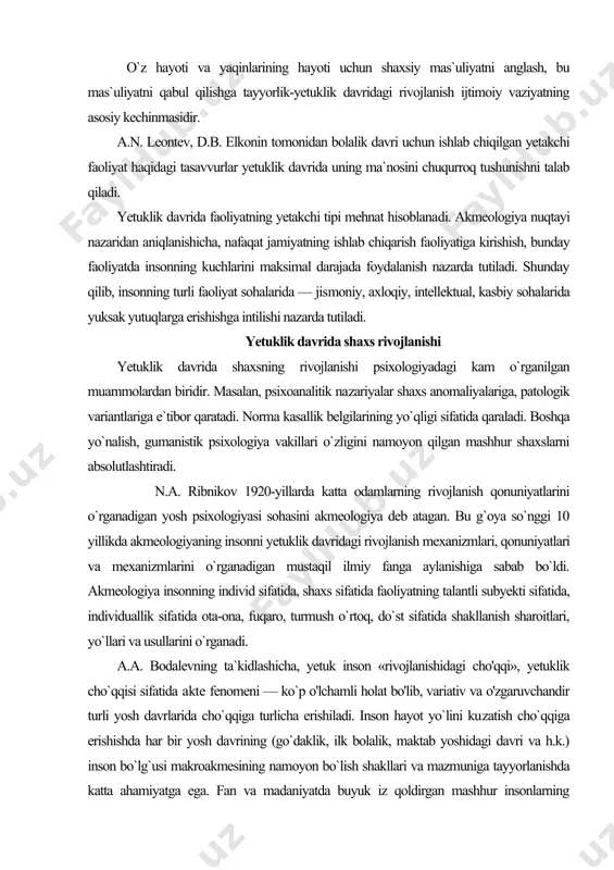 o`qqiga turlicha erishiladi. inson hayot yo`lini ku​zatish cho`qqiga erishishda har bir yosh davrining (go`daklik, ilk bolalik, maktab yoshidagi davri va h.k.) inson bo`lg`usi makroakmesining namoyon bo`lish shakllari va mazmuniga tayyorlanishda katta ahamiyatga ega. fan va madaniyatda buyuk iz qoldirgan mashhur insonlarning hayotini o`rganish hayotining har bir bosqichida mikroakmelar namoyon bo`lganligini kuza​tish mumkin. turli insonlardagi akmelarni solishtirishdan shu narsa aniqlandiki, uning namoyon bo'lishi lokal (bir faoliyat doirasida) va keng (ko`p sohalarda) bo`lishi mumkin (misol sifatida leonar​do da vinchi va m v. lomonosovni olim-ensiklopedist va san`at arbobi sifatida keltirish mumkin). inson tomonidan akmega erishishga yordamlashuvchi yoki unga xalaqit beruvchi bir necha omillarni ko`rsatish mumkin: · ijtimoiy makroomillar (jamiyatdagi ijtimoiy-iqtisodiy omil​lar, shaxs yashagan tarixiy davr, ijtimoiy kelib chiqishi, aniq ijti​moiy vaziyat, insonning yoshi, jinsi); ijtimoiy mikroomillar (maktab, oila, ta`lim muassasalari, ishlab chiqarish jamoasi, oilaning boshqa a`zolarining, o'qituv- chilar, muloqot doirasining ta`siri); · o`z-o`zidan rivojlanish omili, shaxsning o`z ustida ishlashi, ichki dunyosining uzluksiz faolligi. …