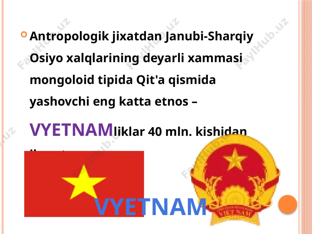 ddizm dinlari, yozuv va boshqa madaniy an'nalarning keng tarkalishiga sabab bulgan. vii-viii va ayniksa xiv asrlarda indoneziya va malayziyaga qisman filippinga, vyetnam va kampuchiyaga islom dini tarkala boshlagan. janubi-sharqiy osiyoning serunum tuprogi, namli va issik iqlimi qadimiy davrlardan dexqonchilik xo’jaligini, ayniqsa sholikorlikni keng tarqalishiga sabab bo’lgan. buddizm butun xindixitoy yarim orolida eng keng tarkalgan diniy tasavvurdir. birma axolisining 83 foizi, kampuchiya va laosda taxminan 90 foizi, tailandda 94 foizni buddaistlar tashkil kiladi. vyetlarning xam ko’pchiligi buddizm dini buysunadi. ibtidoiy diniy e'tikodlar qisman birma, tailand, vyetnam, laos va sharkiy timorda xozirgacha saqlangan. sumatra, kalimantan va filippinning ayrim orollarida urug-qabilaviy dinlar xaligacha uchraydi. indoneziyada islom dini xukmron, ya'ni axolisining 94 foizi musulmon, 4 foizi xristian, kolgani induistlar va buddistlardan iborat. maxayana bilan boshka sharqiy dinlar va xristianlikning aralashmasidan ikkita yirik sinkretik mazxablar paydo bulgan. filippin axolisining 90 foizi xristian diniga o’tgan, ko’pchiligi katoliklar. image2.png image3.png image4.png image5.png image6.png image7.png image8.png image9.png image10.png …