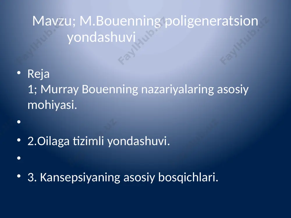 agar klassik tizim yondashuvi birinchi navbatda oila faoliyatining axborot va aloqa xususiyatlarini ta'kidlasa, myurrey bowen nazariyasi uning hissiy faoliyatiga qaratilgan . u hissiy tizim tushunchasini kiritadi , u hech bo'lmaganda sudraluvchilar va qushlarning evolyutsion darajasidan boshlab, deyarli butun hayvonot olamiga xos bo'lgan murakkab hissiy-xulq-atvor kompleksi sifatida izohlaydi. odamlarda ham, hayvonlarda ham ovqatlanish va juftlashish xatti-harakatlari, naslni tarbiyalash, ijtimoiy guruhdagi xatti-harakatlar hissiy tizim bilan belgilanadi. "keng ma'noda his-tuyg'u atamasi tirik mavjudotning atrof-muhitdagi xatti-harakatlarini avtomatik ravishda boshqaradigan barcha jarayonlarni anglatishi mumkin. xulq-atvorni hissiy jihatdan tartibga solish irsiy omillarni, atrof-muhitga moslashish mexanizmlarini o'z ichiga oladi, individual tajriba va funktsional holatda mustahkamlanadi. har bir daqiqada unga xos bo'lgan xosdir." inson oilasini hissiy soha sifatida ta'riflash mumkin . "maydon" atamasi turli darajadagi o'zaro ta'sirlarda oila a'zolari tomonidan uzatiladigan va idrok qilinadigan hissiy stimullarning murakkabligini anglatadi. "oila a'zolarining hissiy jihatdan aniqlangan faoliyati hissiy muhitni yoki maydonni yaratadi, bu esa o'z navbatida barchaga ta'sir qiladi. bu quyosh …