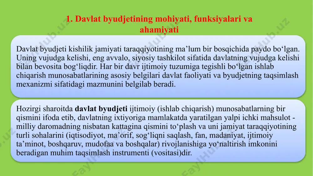 natijasida vujudga keladigan iqtisodiy (moliyaviy) munosabatlar (iqtisodiy kategoriya); 2) shu kategoriyaning namoyon bo‘lish shakli sifatida davlatning asosiy moliyaviy rejasi. davlat byudjetining mohiyatini ochib berishda u orqali amalga oshiriladigan taqsimlash jarayonlarining mazmunini ko‘rib chiqish alohida ahamiyat kasb etadi. yalpi ichki (milliy) mahsulotni davlat byudjeti orqali taqsimlash bir vaqtning o‘zida, o‘zaro bog‘langan va ma’lum darajada mustaqil bo‘lgan uch bosqichga egadir: 1) umumdavlat pul fondini shakllantirish (byudjet daromadlari); 2) hududiy va ma’lum maqsadlarga mo‘ljallangan ko‘p sonli byudjet fondlarini yaratish; 3)byudjet fondidan foydalanish (byudjet xarajatlari). davlat byudjeti orqali yalpi ichki (milliy) mahsulotni taq-simlashning bu bosqichlari bir vaqtning o‘zida va uzluksiz sodir bo‘lsada, bu ularning nisbatan alohidaligini ham inkor etmaydi. birinchi bosqichda yuridik va jismoniy shaxslarga tegishli pul mablag‘larining bir qismi davlatning qo‘lida to‘planishi, jamlash, olish sodir bo‘ladi. ana shu asosda mablag‘larni oluvchi sifatida davlat bilan mablag‘larni to‘lovchilar o‘rtasida moliyaviy (byudjet) munosabatlar vujudga keladi. bu munosabatlar, asosan, majburiylik (imperativlik) xarakteriga egadir. ularning barchasi hozircha yagona …