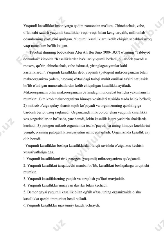 r bilan kechadi. 5. bemor qaysi yuqumli kasallik bilan og'rib o’tsa, uning organizmida o’sha kasallikka qarshi immunitet hosil bo'ladi. 6.yuqumli kasalliklar mavsumiy tarzda uchraydi. lnfeksiya so'zi lotin tilidan olingan bo'lib, "ifloslanish" degan ma'noni anglatadi, tor ma'noda olinganda mikroorganizmning makroorganizmga kirishidir. infeksion jarayon esa patogen omil kirgan organizmda yuz beradigan fiziologik va patologik o'zgarishlar yig'indisidir.yuqumli kasalliklarni bakteriyalar, viruslar, sodda jonivorlar, parazitlar, rikketsiyalar kabi mikroorganizmlar qo’zg'atadi.yuqumli kasalliklar sog’lom odam yoki hayvonga bemor sog’lom mikrob tashuvchilar, rekonvalessentlardan yuqishi mumkin.yuqumli kasalliklar quyidagi yo’llar bilan tarqaladi: 1. havo tomchi yo'li orqali; 2.alimentar yo’l: 3. fekal-oral yo'li; 4.kontakt yo’l; 5. transmissiv yo’l; 6. parenteral; 7 suv orqali; 8. transplasenlar yo’l orqali. yuqumli kasalliklarning kechishida davriylik xos bo'lib, ular quyidagilardan iborat: 1. yashirin i inkubatsion davri; 2. boshlang'ich yoki prodromal davri; 3. avj olish davri; 4 tuzalish (rekonvalesensiya) davri; 5. sog'ayish davri; yuqumli mikroorganizm odam organizmiga tushgandan keyin kasallik alomatlari darxol yuzaga chiqmaydi. bu davr yuqumli kasalliklarda …