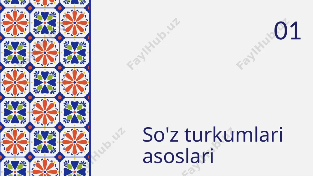 ni va ozgarishini taminlaydi. yangi sozlarni yaratish jarayoni, madaniy va ilmiy sohalarda yangiliklar keltirib chiqaradi, bu esa insonlar ortasidagi muloqot va anglashuvni kuchaytiradi. natijada, soz yasalishi tilning rivojlanishining ajralmas qismi hisoblanadi. e`tibor uchun rahmat please keep this slide for attribution credits: this presentation template was created by slidesgo, and includes icons, infographics & images by freepik image1.png image3.png image5.png image4.png image6.jpeg image7.jpeg image8.png