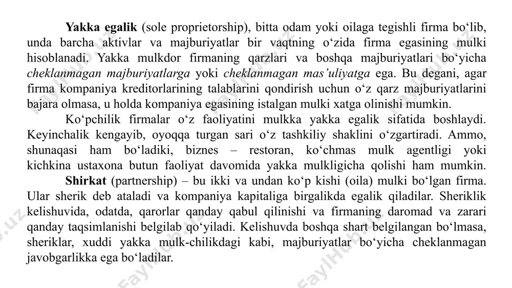 dilar. kompaniya egalariga esa ishlab chiqarish texnologiyalari, firma faoliyatining samaradorlik darajasi va uning mahsulotiga talabning qandayligi to‘g‘risida umumiy yoki yuzaki tasavvurga ega bo‘lishning o‘zi kifoya. beshinchidan, ta’lim olish egri chizig‘i effekti (samarasi), yoki faoliyat yuritib turgan tashkilot effekti (samarasi) degan narsa mavjud va u quyidagilarda namoyon bo‘ladi: agar kompaniya egasi bir vaqtning o‘zida firma menejeri bo‘lsa, kompaniyaning yangi egasi yangi biznesni muvaffaqiyatli boshqarish uchun undan ish yuritishni o‘rganishiga to‘g‘ri keladi. agar kompaniya egasi bir vaqtning o‘zida menejer bo‘lmasa, biznes sotilgan taqdirda ham tajribali menejer tashkilotda ishlashda davom etadi, faqat endi u boshqa xo‘jayinga ishlaydi. kompaniya birinchi bor o‘z aksiyalarini ochiq muomalaga chiqarganda (ya’ni, ochiq aksiyadorlik kompaniyasiga aylanganda), uning dastlabki ta’sischisi va egalari bo‘lgan menejerlari, garchi endi ular kompaniya aksiyadorlari bo‘lmasada, ko‘pincha, korporatsiyani boshqarishda davom etadilar. biznesni tashkil etishning korporativ shakli mulkka egalik huquqi boshqaruvdan ajratilganda ayniqsa samaralidir. chunki u firmaning sog‘lom (normal) faoliyatiga putur yetmagan holda mulkdorlar ro‘yxatida tez-tez o‘zgarishlar …