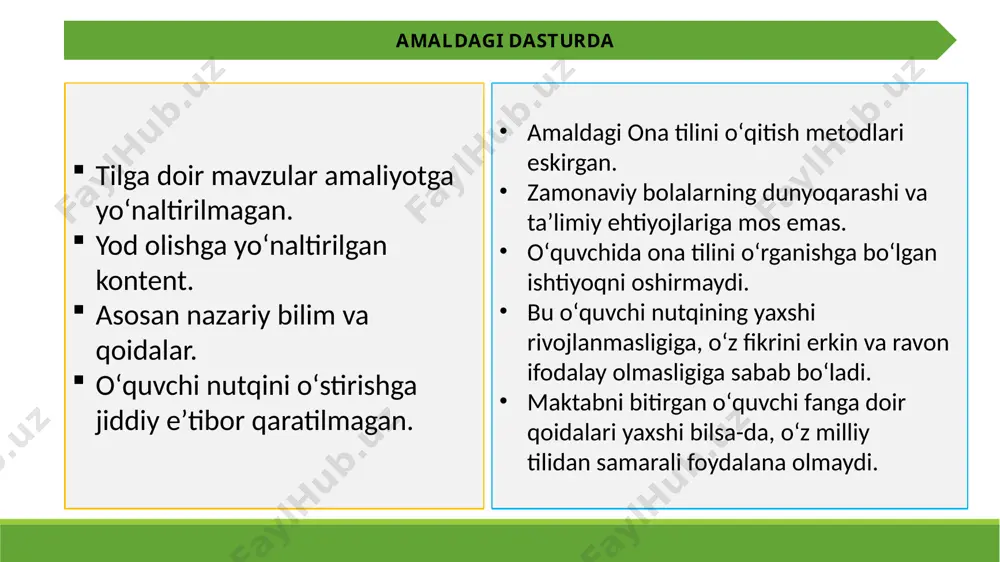 g ma’nosini anglash, matndagi rangni bildirgan so‘zlarni ajrata olish bilan bog‘liq mashq va topshiriqlar ustida ishlash. matn yuzasidan berilgan savol va topshiriqlarni to‘g‘ri anglash, savollarga tartibli javob bera olish mashqlari. x va h tovushlarini o‘zaro farqlash, ushbu tovushlar ishtirok etgan so‘zlar imlosi ustida ishlash mashqlari. berilgan mavzu yuzasidan suhbat qurish, unli va undosh tovushlarni to‘g‘ri talaffuz qilish bilan bog‘liq mashq va topshiriqlar ustida ishlash. fikr ifodalashda tartibni bildiruvchi so‘zlardan (birinchidan, ikkinchidan) foydalanish mashqlari. tabiatni asrash mavzusida 3 yoki undan ortiq gapdan iborat matn yaratish. bu jarayonda atoqli otlardan foydalanish, ularning bosh harflarda yozilishi haqida tushuncha berish. matnda berilgan tasvirlarni tushunish. tasvirga mos rasmlar tanlash yoki chizish. dastur kutilayotgan natija bitiruvchi kelajakda qaysi soha mutaxassisiga aylanmasin, oʻz tilida ravon soʻzlaydi va yozadi; davlat tilida ish yuritishga qiynalmaydi; ilmiy va ommabop matnlarni tushunadi hamda yoza oladi; vaziyatlarni teran mulohazakorlik bilan baholaydi; muammolarga ijodiy yondashgan holda yechim izlaydi. e’tiboringiz uchun rahmat! image1.png image2.png …