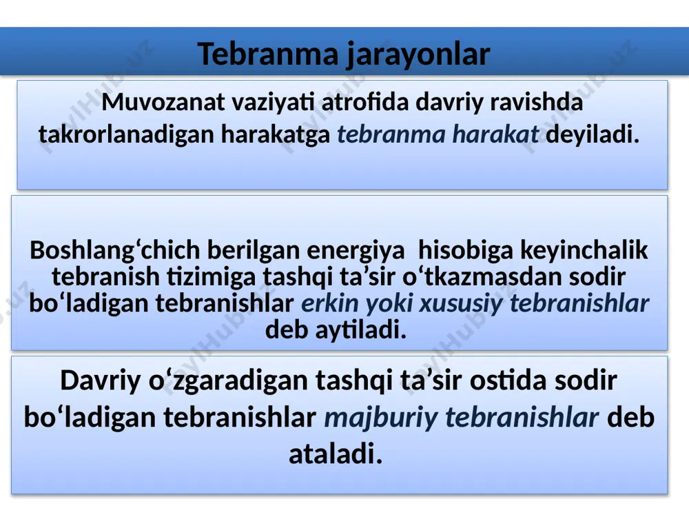 ddiy nuqtaning energiyasi to‘la energiya o‘zgarmasdan qoladi, vaqt o‘tishi bilan faqat kinetik energiya potensial energiyaga o‘tadi va teskarisi sodir bo‘ladi. кinetik energiya potensial energiya garmonik ossillyatorlar tebranishi quyidagi differensial tenglama bilan ifodalanadigan tizimlar garmonik ossillyatorlar deb ataladi prujinali mayatnik matematik mayatnik elektr tebranish konturi fizik mayatnik so‘nuvchi tebranishlar tebranish tizimi energiyasini sarf bo‘lishi natijasida, vaqt o‘tishi bilan asta-sekin tebranishning pasayishi tebranishning so‘nishi deb ataladi. tebranish so‘nishining sabablari mexanik tizimlarda – ishqalanish kuchi. elektr tizimlarida – issiqlik va elektromagnit to‘lqinlar nurlanishiga bog‘liq energiyaning yo‘qolishi, hamda elektrik va magnit gisterezisi hisobiga dielektrik va ferromagnetiklarda issiqlik sarflanishi. chiziqli tizim erkin so‘nish tebranishlarining differensial tenglamasi. s – tebranuvchi kattalik,  — so‘nish koeffitsiyenti. 0 – tebranish tizimi erkin so‘nish tebranishini siklik chastotasi ( = 0 bo‘lganda ) differensial tenglamaning yechimi kichik tebranishlar  2<<20 so‘nuvchi tebranishlar amplitudasi so‘nuvchi tebranishlar chastotasi so‘nuvchi tebranishlar amplitudasini  marta kamayishiga ketgan vaqt oralig‘i relaksatsiya vaqti deb ataladi. so‘nish …