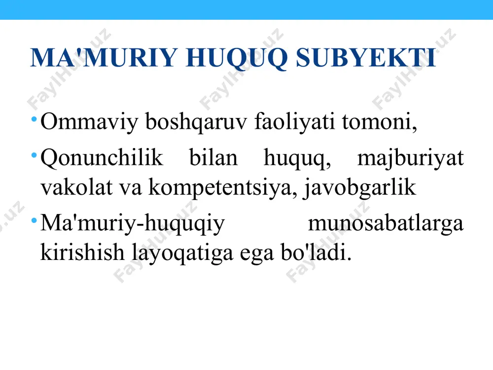 t bosh boshqarma boshqarma bo'lim bo'linma va h.k.lar 6) rahbarlikni amalga oshirish shakliga ko'ra yakkaboshchilikka asoslangan organlar; kollegial organlar; yakkaboshchilik va kollegial rahbarlik uygunlashgan (aralash shakldagi) organlar mansabdor shaxs doimiy, vaqtincha yoki maxsus vakolat bo'yicha tayinlanadigan yoki saylanadigan, hokimiyat vakili vazifalarini bajaradigan yoxud davlat organlarida, fuqarolarning o'zini o'zi boshqarish organlarida, mulk shaklidan qat'i nazar, korxonalarda, muassasalarda, tashkilotlarda tashkiliy-boshqaruv, ma'muriy-xo'jalik vazifalarini amalga oshiradigan va yuridik ahamiyatga ega harakatlarni sodir etishga vakolat berilgan shaxs, xuddi shuningdek xalqaro tashkilotda yoxud chet davlatning qonun chiqaruvchi, ijro etuvchi, ma'muriy yoki sud organida mazkur vazifalarni amalga oshiruvchi shaxs mansabdor shaxs deb e'tirof etiladi. (mjtk 15-moddasi va jk 8-bo'lim) davlatning biron-bir hokimiyat organi nomidan ish ko'rib, muayyan vazifalarni doimiy yoki vaqtincha amalga oshiruvchi va o'z vakolatlari doirasida ko'pchilik yoxud barcha fuqaro yoki mansabdor shaxslar uchun majburiy bo'lgan harakatlarni sodir etish yoki farmoyishlar berish huquqiga ega bo'lgan shaxs hokimiyat vakili deb e'tirof etiladi. (mjtk 15-moddasi) o'zbekiston respublikasi vazirlar …
