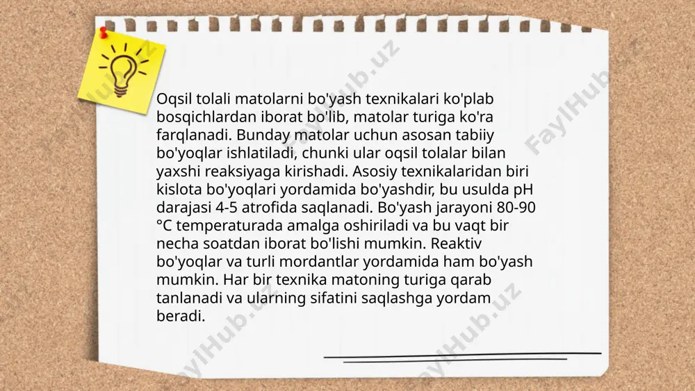 gan matolarni olovga chidamlilik darajasi 50-60% gacha oshishi mumkin. qo'llaniladigan kimyoviy moddalarning konsentratsiyasi odatda 10-20% oralig'ida bo'ladi. natijada matolarning bardoshliligi oshib, xavfsizligi ta'minlanadi. ushbu jarayon kiyim-kechak, mebel va boshqa sanoat mahsulotlari uchun qo'llaniladi. ... t.me/slaydai_bot 12. oqsil tolali matolarni anti-bakterial pardozlashda yakuniy mahsulotning gigiyenik xususiyatlarini yaxshilash uchun turli usullar qo'llaniladi. tipik tarzda, kumush ionlari yoki sink oksidi kabi antibakterial moddalar ishlatiladi, chunki ular mikroorganizmlarning o'sishini samarali to'xtatadi. statistika ko'rsatishicha, bunday matolar bakteriyalarning o'sishini 99% gacha kamaytirishi mumkin. shu bilan birga, nano-texnologiyalar bilan ishlangan matolar yuqori chidamlilik va uzoq muddatli antibakterial ta'sirga ega bo'lishi mumkin. textil sanoatida bunday pardozlash usullari mahsulotning samaradorligini oshirishi bilan bir qatorda, iste'molchi talablari uchun jozibadorlikka ham qo'shimcha qiymat qo'shadi. ... t.me/slaydai_bot foydalanilgan adabyotlar abdurakhmanov, s. (2010). matolarni tayyorlash va pardozlash texnologiyasi. ismoilov, t. (2015). to‘qimachilik mahsulotlarini qayta ishlash va pardozlash. karimov, b. (2018). oqsil tolali matolarni pardozlash texnologiyasi. davronov, a. (2012). to‘qimachilik kimyosi va pardozlash. umarova, …