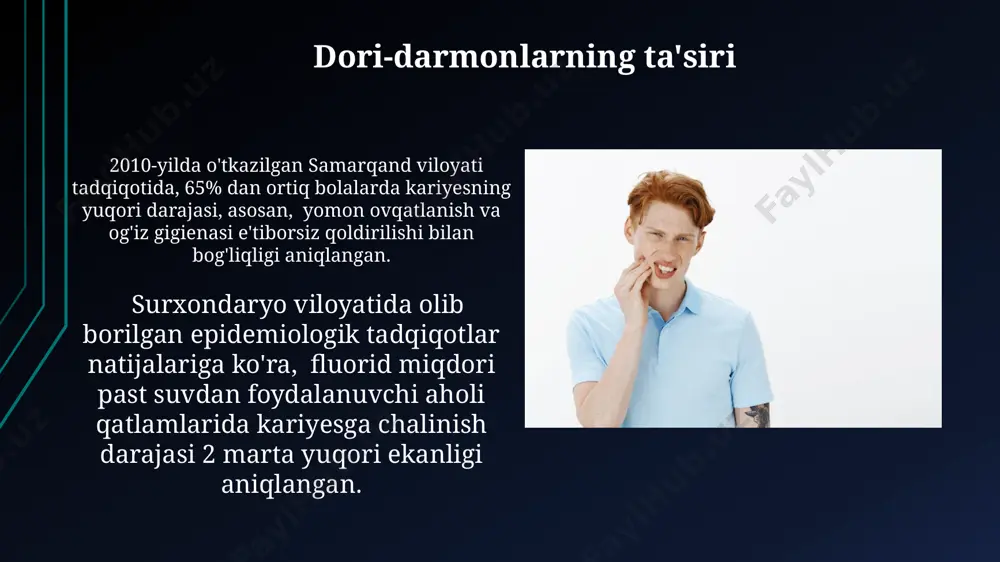 anishining muhim lokal omili hisoblanadi. kariyesning kelib chiqishi kariyesning kelib chiqishiga 20 dan ortiq turdagi streptococcus mutans bakteriyalari, jumladan, s. sobrinus va s. sanguinis kabi turlar hamda shakarli ichimliklarning haddan tashqari iste’moli sabab bo'ladi. o'zbekistonning qishloq joylarida suv tarkibida ftor miqdori pastligi tufayli bolalarda kariyes xavfi 30% ga yuqori ekanligi aniqlangan tadqiqotlar mavjud. dietaning roli европанинг кўплаб мамлакатларидаги тадқиқотлар кўрсатишича, кунига 4 мартадан ортиқ ширинликлар истеъмол қилувчи болаларда кариес ривожланиш хавфи 3 баробарга ошади. бу, айниқса, сахароза миқдори юқори бўлган маҳсулотлар учун алоҳида муҳимдир. жанубий америкадаги эпидемиологик тадқиқотлар кўрсатдики, кунига 20 граммдан ортиқ қандли ичимликлар ичувчиларда кариес ривожланиш хавфи 75% га ошади. бу, айниқса, фтор миқдори кам бўлган сув истеъмол қилувчи аҳоли учун хавфлидир. davolash va profilaktika yosh bolalarda sut tishlarini professional tozalash va germetik muhrlash 8 yoshgacha bo'lgan bolalarda karies xavfini 70% ga kamaytiradi, toshkent shahridagi stomatologik klinikalarda bu xizmatlarni taklif qilish kerak. 2022-yilgi samarqand viloyati sog'liqni saqlash statistikasiga …