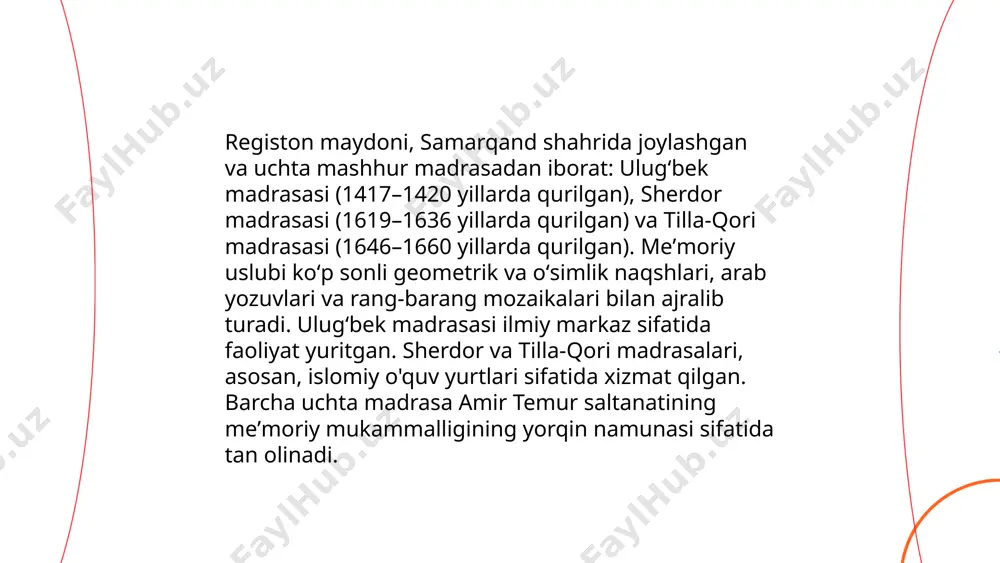 lda boshlanib, jami 18 oy davom etishi rejalashtirilgan. ushbu loyiha uchun 7 million aqsh dollari ajratilgan. ta'mirlash jarayonida maydonning uch asosiy madrasasi - ulughbek, sherdor va tilla-kori madrasalari qayta tiklanadi. har bir madrasa uchun o'rtacha 200-250 nafar ishchi jalb etiladi. taʼmirlash ishlari davomida qadimiy mozaika va ganch o‘ymakorlik elementlari saqlanishiga alohida eʼtibor qaratiladi. loyihaning yakuni 2024 yil oxiriga belgilangan bo‘lib, undan so‘ng har yili ko‘plab turistlarni jalb qilishi kutilmoqda. ... t.me/slaydai_bot 7. samarkand va registon maydoni samarqand — oʻzbekistonning eng qadimiy shaharlaridan biri, markaziy osiyoda joylashgan. shaharning asosiy diqqatga sazovor joylaridan biri registon maydonidir. registon uchta tarixiy madrasa bilan o'ralgan: ulugʻbek madrasasi (1417-1420 yillari), sherdor madrasasi (1619-1636 yillari) va tillakori madrasasi (1646-1660 yillari). har bir madrasa o'ziga xos arxitektura va bezaklarga ega bo'lib, islom madaniyati va ilmiy markazlari hisoblanadi. bu maydon xi-xv asrlar o'rtasida markaziy osiyoning madaniy va savdo markazi bo'lgan. unesco 2001 yilda samarqandni butunjahon merosi ro'yxatiga kiritdi. ... …