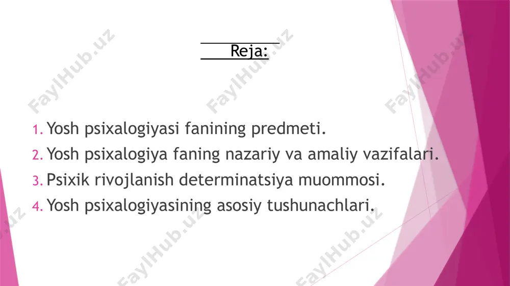 ra kop takidlana boshladi.hozirgi pedagogika va psixalogiyada shu masalag doir 3 xil nazariya mavjud. 1.talim tarbiya va taraqqiyot jarayonlari bir –birida mustaqildir 2.talim tarbiya ayni vaqtda taraqqiyotdir yani talim bilan taraqqiyotning ortasida asos etibori bilan sezilarli tafovut yoqdir deb davo qilinadi 3.talim tarbiya va taraqqiyot jarayonlari garchi boshqa boshqa jarayonlar bolsa ham bir-biriga mos kelar va bir biriga tasir otkazar ekan. yosh psi̇xalogi̇yasi̇ni̇ng asosi̇y tushunchalari̇ yosh osixalogiyasining asosiy tushunchasi «rivojlanish»tushunchasidir.rivojlanish-bu bir holatdan boshqa murakkabrogiga otish eski holatdan yangisifat bosqichiga otish jarayonidir.zamonaviy rus rivojlanish psixalogiyasida yetilish markaziy nerv sistemasi va boshqa organizm sistemasida ketma-ket yosh ozgarishining psixofiologok jarayoni psixik funksiyaning vujudga kelishi va amalga oshishi uchun sharoitning taminlanishi sifatida qaraladi. rivojlanish jarayonining psixalogiya va pedagogika uchun zarur bolgan xususiyatlari ajratib korsatilgan. ular quydagilarr: -sifat jihatdan ozgarish va yanada mukammalroq bosqichga kotarilish -rivojlanishni qaytara olmaslik (rivojlanish roy bergandan song avvval mavjud bolgan narsa-hodisalarni tolaligicha ortga qaytarishning iloji yoqligi) -notekis rivojlanish (sifat ozgarishlarining …