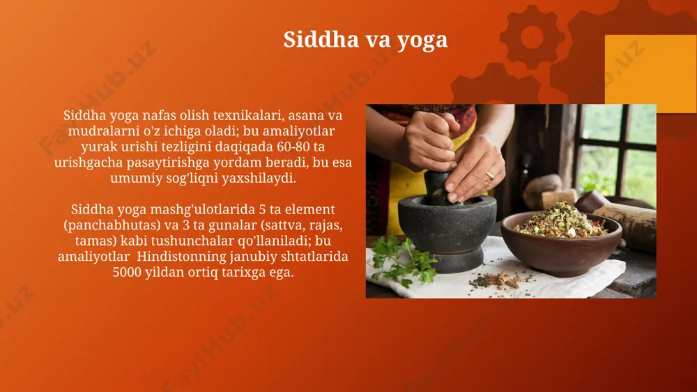 ladi. siddha amaliyoti siddha amaliyoti tarkibida 60 dan ortiq tayyorlash usullari qoʻllaniladi, jumladan, qaynatmalar, changlar va mazlar boʻlib, ularning koʻpchiligi kerala va karnataka shtatlarining oʻsimliklaridan tayyorlanadi. siddha amaliyotida 8 ta asosiy tushuncha mavjud boʻlib, ular organizmning muvozanatini saqlashga qaratilgan va uygʻunlikni tiklash orqali 500 yildan ortiq vaqtdan beri hindistonning janubiy qismlarida qoʻllaniladi. siddha o'simlik dorilari siddha o'simlik dorilarining samaradorligi 30 dan ortiq klinik tadqiqotlar natijalari bilan tasdiqlangan bo'lib, ular asosan yurak-qon tomir kasalliklari va diabetni davolashda qo'llaniladi. siddha o'simlik dorilarining 800 dan ortiq turlari tamil nadu shtatining an'anaviy tibbiyotida qo'llaniladi va ularning 500 dan ortig'i hozirgi zamon farmatsevtika sanoatida tadqiqotlarga tortilmoqda. siddha tarixi сиддха тиббиёт тизимининг асосида панчабхута (бешта элемент – ер, сув, ўт, ҳаво ва эфир) тушунчаси ётади ва уларнинг инсон саломатлигига таъсирини ўрганишга асосланган бўлиб, 5000 дан ортиқ формулалар мавжуд. сиддха тиббиётининг 8000 йилдан ортиқ тарихи бўлиб, унинг илдизлари 8-асрдаги жанубий ҳиндистоннинг тамил наду регионидаги 18 сиддха мутахассисларига …