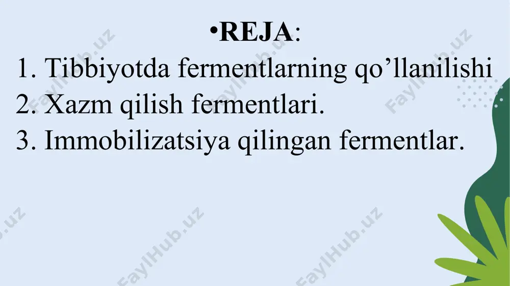lar qo'shilishi va kompleks hosil bo'lishi bilan fermentning faolligi o'zgaradi. ferment faolligi har qanday usul bilan o'lchanadi, ferment faolligi antigen (analitik) miqdoriga bog'liq. hazm qilish fermentlari: amilaza so'lak bezlaridan ajralib chiqadi. oshqozonosti bezi proteaza hujayralari tufayli o'zini shikastlashini oldini olishga yordam beradi. ozuqaviy yog'lar,oshqozonosti bezidan ajralib chiqadigan fermentlar-lipazalar tomonidan parchalanadi. amilazani ta’sir qilish mexanizmi proteazani ta’sir qilish mexanizmi lipazani ta’sir qilish mexanizmi