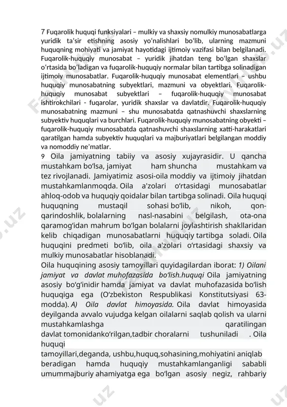 atining huquq doirasida bo‘lishini, balki qonunlarning mazmuni ham tom ma’noda huquqiy bo‘lishini taqozo etadi. 6 mulk huquqining vujudga kelishida egalik huquqini vujudga keltiruvchi muddat o`ziga xosdir. mulkdor bo`lmagan, lekin ko`chmas mol-mulkka o`n besh yil davomida yoki boshqa mol-mulkka besh yil davomida o`ziniki kabi halol, oshkora va uzluksiz egalik qilgan shaxs bu mol-mulkka nisbatan mulk huquqini oladi, ya'ni to`la ma'noda mulkdor huquqlariga ega bo`ladi (fkning 187-moddasi). muhimi, o`zbekiston respublikasi oliy majlisining 1996 yil 29 avgustdagi “o`zbekiston respublikasi fuqarolik kodeksini amalga kiritish tartibi to`g`risida”gi qarorida belgilanishicha, ushbu 187-moddaning qoidalari mulkka egalik qilish 1997 yilning 1 martiga (ya'ni, yangi fk amalga kiritilgunga qadar) qadar boshlangan va kodeks amalga kiritilayotgan vaqtda davom etayotgan hollarga ham tadbiq etiladi. demak, ushbu holati bo`yicha fk normasi orqaga qaytish kuchiga ega bo`ladi. mulk huquqining bekor bo`lish usullari ham xilma-xil. bu usullarni quyidagicha turkumlashtirish mumkin: 1) mulkdorning o`z erki-irodasi bo`yicha mulk huquqini bekor bo`lishi (masalan, mol-mulkni sotish, hadya qilish …