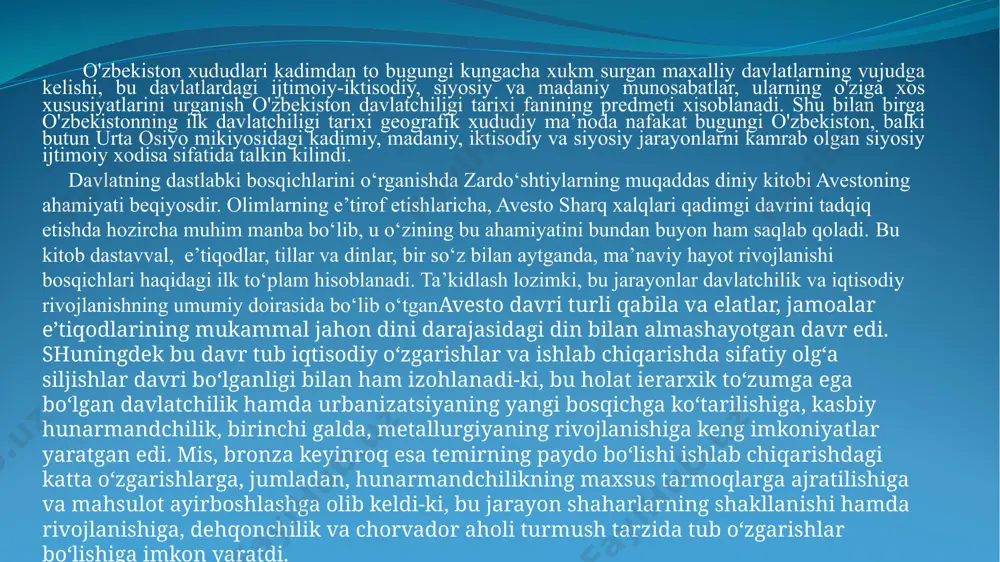 adi. u 558 yili jo’janlarga so’nggi bor qaqshatqich zarba berib, o’z hududini mustahkamladi. uning amakisi istami (unga «yabg’u» - bahodir unvonini bergan edi) bo’lsa, bu davrda hoqonlik hududini g’arbga tomon kengaytirib, yettisuv, qashqar, ural, volga bo’ylari va boshqa hududlarni egallaydi 563-567 yillarda istami yabg’u qo’shinlari eftalitlarga ketma-met zarbalar berib, uning hududlari bo’lmish o’rta osiyo va kaspiy dengizigacha yerlarni egallashga muvofiq bo’ldi. turk hoqonligi o’rta osiyo yerlarini ishg’ol etgach, eron chegaralariga tutashdi. eron bilan turk hoqonligi o’rtasida bir necha bor urushlar kelibchiqdi va eron shohi xusrav i ni yengiadi. eron turk hoqonligiga 400 ming vizantiya tillosi hajmida tovon to’lashga majbur bo’ldi. muhonxon qora dengizgacha bo’lgan yerlarni egalladi. turk hoqonligi 568-569 yillarda o’sha davrning qudratli davlati - vizantiya bilan iqtisodiy va savdo-sotiq aloqalarini yo’lga qo’yishga muhim hissa bo’ldi. somoniylar va qoraxoniylar davlati va uning boshqaruvi tartiblari. arablarning o’rta osiyo hududlaridagi 150 yillik hukmronligi davri ix asr boshlariga kelib, arab xalifaligada yo'zaga kelgan …