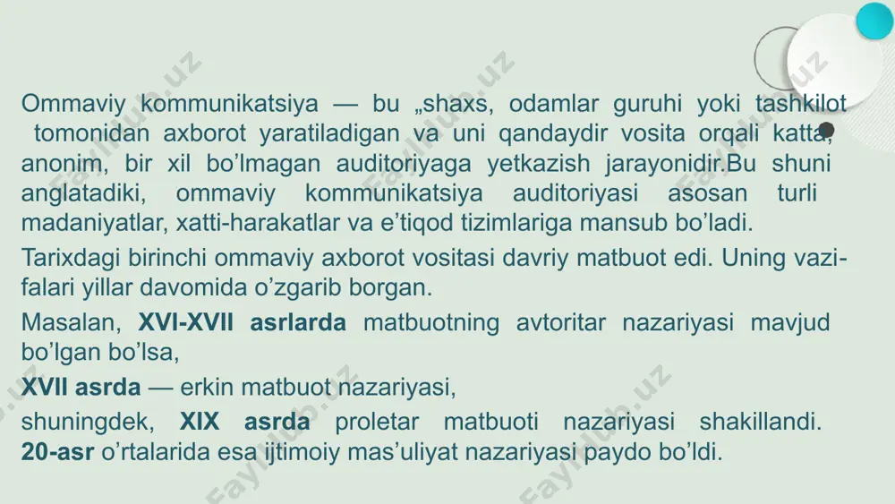 chta, telefaks, telefon ommaviy kommunikatsiyalarning ijobiy va salbiy taraflari afzalliklari ommaviy kommunikatsiya qisqa vaqt ichida keng geografik hududga tarqalishi mumkin. u ma’lumotni mamlakat yoki butun dunyo bo’ylab tarqatishga yordam beradi. -do’stlar va yaqinlar bilan doimiy aloqada bo’lish; -tezlik va doimiylik; -xalqaro savdo; -mahsulotlar va ximzatlarni tavsiya qilish; -yangi korxonlarni tashkil etish va yangi mahsulotlarni joriy etish; -xabar berish; -ko’ngilochar dasturlar. salbiy taraflari ommaviy kommunikatsiya individulizmga olib keladi, unda odamlar ko’p vaqtlarini televizor ko’rishga sarflashadi, bu esa ijtimoiy munosabatlarga ta’sir qiladi. -jamiyat bilan aloqaning uzilishi; -bolalar uchun zararli; -sog’liqqa zarar qiladi; -hamma uchun ochiq emas. ommaviy kommunikatsiya turlari: -reklama; -jurnalistika; -pr (public relations) ya’ni jamoatchilik bilan aloqa; -ijtimoiy media (ijtimoiy tarmoqlar); -audio media; -radio; -film va televedeniye; -fotografiya; -interaktiv media (videoo’yinlar); -elektron kitoblar. foydalanilgan adabiyot vikipediya-ma’lumotlar bazasi e’tiboringiz uchun tashakkur image1.jpeg image2.jpeg /docprops/thumbnail.jpeg