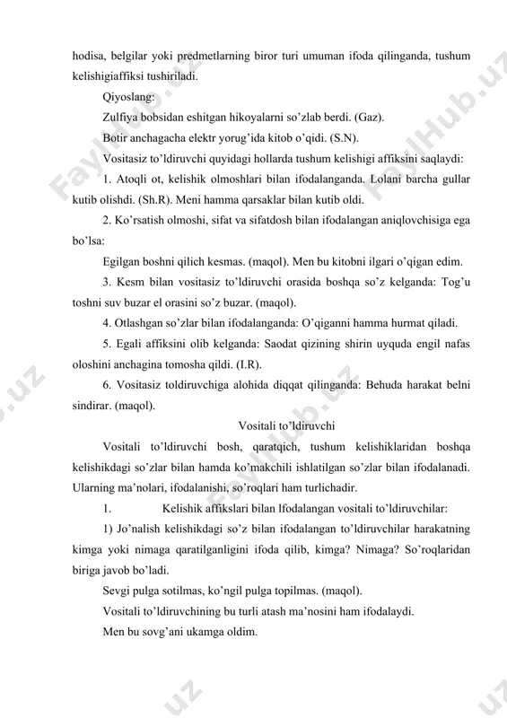 ajmini, miqdor-darajasini yoki qarashliligini bildiradi. shu bois aniqlovchining so’roqlari turlichadir: qanday? qancha?, qanaqa?, qaysi?, nechanchi?, kimning?, nimaning?, qaerning? va boshqalar. aniqlovchi doim aniqlanmishga bog’liq holda qo’llanib, undan oldin keladi. aniqlovchi bilan aniqlanmish birgalikda aniqlovchili birikmani tashkil qiladi. o’zbekistnning joshqin, sho’h bahori cho’lga gul va ko’kat sepini yoydi. (o). mazkur misolda o’zbekistnning (qaerning?) qaratqichli aniqlovchi, joshqin, sho’h (qanday?) sifatlovchi aniqlovchidir. aniqlovchi ikki xil bo’ladi. 1. sifatlovchi aniqlovchi. 2. qaratqich (ko’rsatuvchi) aniqlovchilar. 3. sifatlovchi aniqlovchilar. predmetni belgisini, vaqtga va o’ringa munosabatini, miqdor,tartibini bildiradigan aniqlovchilar sifatlovchi aniqlovchilar deyiladi. sifatlovchi bog’lanib kelgan so’z sifatlanmish deyiladi. masalan: soyning tagida kom-kok suv oqib o’tadi. bunda kom-kok sifatlovchi, suv esa ifatlanmishdir. sifatlovchi quyidagi so’z tur quyidagi so’z turkumlari bilan ifodalanadi: 1. sifat bilan: ufq qizil atlaslarga o’ralib, oltin sochning yo’llariga boqadi. (u). 2. son bilan: o’n ikki gektar er kaftdek tekkis qilib qo’yilgan. nilufar bu yil meditsina bilim yurtining ikkinchi kursini tugatdi. 3. olmosh bilan: qandaydir bolalar …