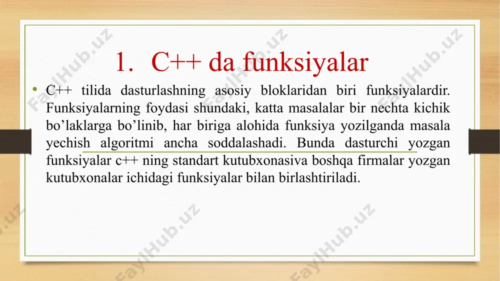unksiyadan chiqish ixtiyoriy funksiyadan chiqish uchun return xizmatchi so'zi ishlatiladi. funksiyalarga doir misollar f(n ) funksiyaning qiymatlari f(0 )= 1 , f(2n)= f(n) va f (2n+1)=f (n)+1 ifodalar yordamida topiladi. berilgan k natural soni uchun f(k) ni toping. misol 3: to'g'ri burchakli uchburchakning katetlari berilgan. (3, 4), (6, 8), (12, 5) bo'lgan xollar uchun uchburchak gipotenuzasini hisoblovchi dastur tuzilsin. 1) parametrli funksiya misol 4:void toifasidagi parametrli funksiya image5.png image6.png image7.png image8.png image9.png image10.png image11.png image12.png image13.png image14.png image3.png image4.png /docprops/thumbnail.jpeg