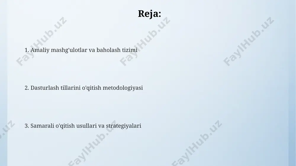 uv rejasi, 5-7 ta muhim mavzuni, har bir mavzu bo'yicha 8-10 ta amaliy mashqlarni o'z ichiga olishi va har bir mashq uchun taxminan 1-2 soat vaqt ajratilishi kerak. dasturlash tillarini o'qitish metodologiyasi o'qitish jarayonida turli xil dasturlash tillari (python, java, c++) dan foydalanish va ularning o'ziga xos xususiyatlarini 3-4 ta hayotiy misollarda ko'rsatish kerak. dasturlashni o'rgatishda 5-10 ta kichik loyihalarni bajarish, 70% amaliyot va 30% nazariy bilimlarni o'z ichiga olgan yondashuv samarali natijalar beradi. muvaffaqiyatli dasturchilarni tayyorlashda algoritmik fikrlashni rivojlantirishga qaratilgan mashqlar, jumladan, 20 dan ortiq muammolarni hal qilish, muhim ahamiyat kasb etadi. o'qituvchining roli va mas'uliyati o'qituvchi, dasturlash asoslarini 3-5 ta turli yondashuv orqali, amaliy mashqlar (kamida 70%) bilan birga tushuntirib berishi, talabalarning 80% dan ko'p qismi tushunishiga erishishi kerak. dasturlash tilini o'qitishda o'qituvchi, nazariy bilimlarni amaliyotga qo'llashni ta'minlash uchun, kamida 5 xil turdagi dasturiy ta'minotlar va onlayn resurslardan foydalanishi, talabalarning 90% faol ishtirokini ta'minlashi kerak. o'qituvchi, talabalarni muammolarni …