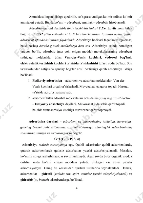adsorbsiya hodisalari qattiq jism sirtidagi adsorbsiya - Page 4