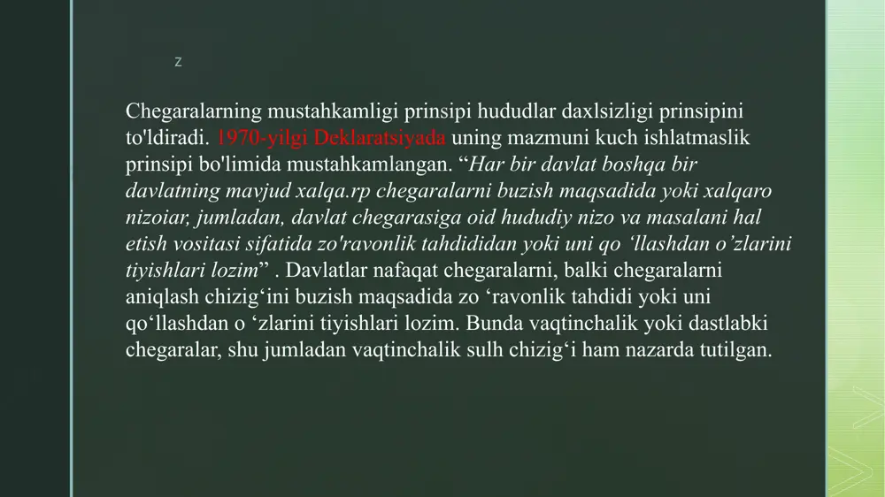 uquqliligi e’tiqodiga qat’iy ishontirish hisoblanadi. z nizomning aniq moddalari bilan inson huquq va uning asosiy erkinliklarini himoya qilish yanada mustahkamlangan. tnson huquqlari umumjahon deklaratsiyasi, 1966-yilgi iqtisodiy, ijtimoiy va madaniy huquqlar to ‘g ‘risidagi xalqaro paktda hamda 1966-yilgi fuqarolik va siyosiy huquqlar to ‘g ‘risidagi xalqaro paktda davlat tomonidan o‘z yurisdiksiyasi doirasida joyiashgan barcha shaxslarga tegishli qonunchilik hujjatlari va boshqa choralami qabul qilish orqali berish majburiyati yuklangan asosiy inson huquq va erkinliklari sanab o'tiladi. shu bilan birga qonuniy cheklovlarga ham y o ‘l qo‘yilgan, misol uchun davlat xavfsizligini, jamoat tartibini, aholi sogmigi va axloqini yoxud boshqa shaxslarhuquq va erkinliklarini himoya qilishlikka ham yo‘l qo‘yiladi. 1975-yilgi yakuniy hujjat prinsiplari deklaratsiyasida vtt prinsip “ inson huquqlari va asosiy erkinliklarini, shu jumladan erkin fikrlash, e ’tiqodi, dini va imonini” hurmat qilish mavjud. z inson huquqlarini himoya qilish xalqaro standart doirasida ja h o n hamjamiyati, uning timsolida sifatidagi organlar — bmt b o sh …