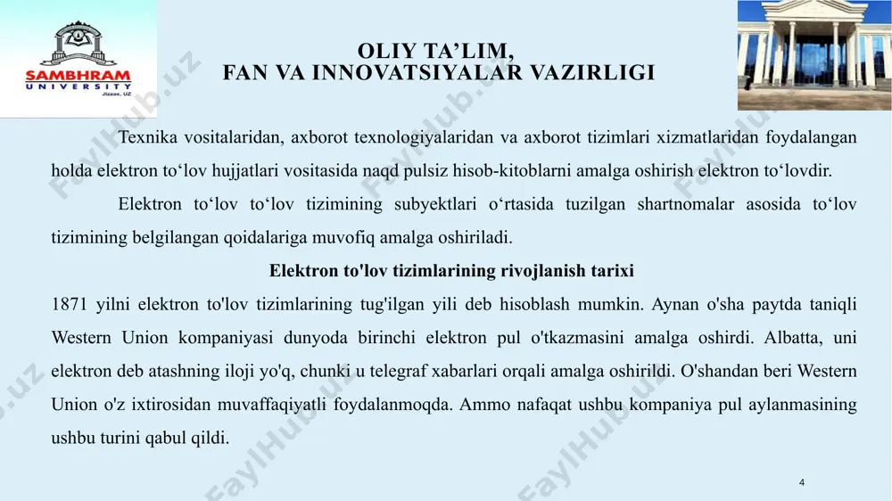firibgarlarga nisbatan ko'proq zaiflashtiradi. mastercard kartalari ro'yxatdan o'tgan va anonim, kabartmalı va silliq bo'lishi mumkin. to'lov tizimlari "to'lov markazi" va "corn" kartasi kabi yirik bank gigantlari bilan ham, nobank kredit tashkilotlari bilan ham hamkorlik qiladi. 10 oliy ta’lim, fan va innovatsiyalar vazirligi internet elektron to'lov tizimlari. elektron pullar elektron to'lov tizimlari (ept) tomonidan chiqariladi. bular virtual banknotalarni chiqaradigan, ularning muomalasi uchun texnologiyalarni ishlab chiqadigan va joriy qiladigan, shuningdek ularning elektron valyutalari bilan barcha operatsiyalarni ta'minlaydigan kompaniyalar. ko'pincha elektron to'lov tizimlari eng katta internet-korporatsiyalarning bir qismidir, ularning faoliyat yo'nalishlaridan biri hisoblanadi (masalan, yandex.money, eng katta ijtimoiy tarmoqlarning valyutalari va boshqalar). 11 oliy ta’lim, fan va innovatsiyalar vazirligi elektron pullar haqida. elektron to'lov tizimlari paydo bo'lishi va faol foydalanish boshlanishi bilan ushbu jarayon bilan bog'liq tushunchalar paydo bo'la boshladi. bunday tushunchalardan biri bu elektron pul. elektron pullar elektron to'lov vositalarida qayd etiladigan va saqlanadigan to'lov tizimi foydalanuvchisining ma'lum pul ekvivalenti. onlayn to'lovlar, …