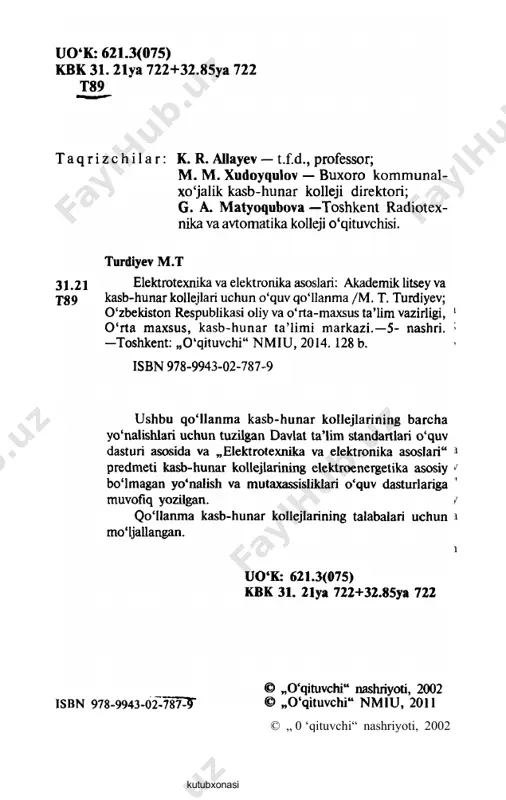 hayotimizda elektr energiya- dan keng ko‘lamda foydalaniladi. mazkur qo‘llanmada ele ktroenergetika fanining deyarli barcha bo‘limlari bayon etilgan va kasb-hunar kollejlarining barcha yo‘nalish va mutaxassisliklari uchun foydali qo‘llanma bo‘lib xizmat qiladi. qo‘llanmada o‘quv materiali „tajriba — nazariya—amaliyot“ uslubida bayon qiling an. unda har bir mavzuni bayon qilishning uslubiy tomoniga alohida e’tibor berildi va matnlaming oddiy, tushunarli, o‘quvchilaming yosh va individual xususiyatlariga mos bo‘lishga harakat qilindi. jamiyatimiz bozor iqtisodiyotiga kirib borayotgan bir sharo itda har bir texnikaviy muammo, albatta, iqtisodi- yot bilan bog‘liqligini nazarga olib, qo'llanmaga elektroener- getikaning texnik-iqtisodiy ko‘rsatkichlariga bag'ishlangan bo‘lim kiritildi. kasb-hunar kollejlarining har bir yo' nalishi va muta- xassisliklarining „elektrotexnika va elektronika asoslari“ fani uchun ajratilgan soatlari o'zgacha bo‘lishi lozim. bundan boshqa, bevosita yo‘nalish sohasiga bag‘ishlangan barcha aj- ratilgan soatlaming 5 — 7 % i shu sohaga xos elektr usku na, asbob va elektr ta’minotiga ajratiladi. mazkur qo'llanmada bayon etilgan barcha nazariy o‘quv materiallari iloji boricha oddiy, amaliy faoliyatdan …
