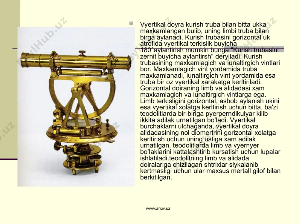 gich vint maxkamlanadi. www.arxiv.uz www.arxiv.uz www.arxiv.uz www.arxiv.uz 2. asbob aylanish uki vyertikal xolatga kerltiriladi. bu ish shtativni nuqtaga urnatishda taxminan bajarilgan bo’ladi. asbob aylanish ukini vyertikal xolatga kerltirish uchun adilakning uki taglikning ikkita kutargich vintiga paralerl kilib kuyiladi va bu kutargich vintlarni karama-karshi tomonga burab adilak pufakchasi naycha urtasiga kerltiriladi. agar teodolitning gorizontal doirasida ikkinchi adilak bulsa, taglikning uchinchi kutargich vintini burab uning pufakchasini xam naycha urtasiga kerltiriladi. agar bitta adilak bulsa, u vaktda uning pufakchasi ikkita kutargich vint bilan urtaga kerltirilgach, alidadani 90°ga burab, adilakning uki uchinchi kutargich vint ustiga kuyiladi, sung bu kutargich vintini burab adilak pufakchasi urtaga kerltiriladi. www.arxiv.uz www.arxiv.uz asbobning aylanish ukini virtikal xolatga kerltirish uchun bu ish ikki-uch kayta takrorlanadi. teodolitni nuqtaga urnatib bulgach burchak kuyidagi tartibda ulchanadi: 1.asbob urnatilgan nuqtadan (v-nuqtadan) truba orkali ung tomondagi nuqta (s) ga karaladi. bu vaktda gorizontal doiraning maxkamlagich vinti maxkamlangan, alidada va trubaning maxkamlagich vintlari esa bushatilgan bulishi …